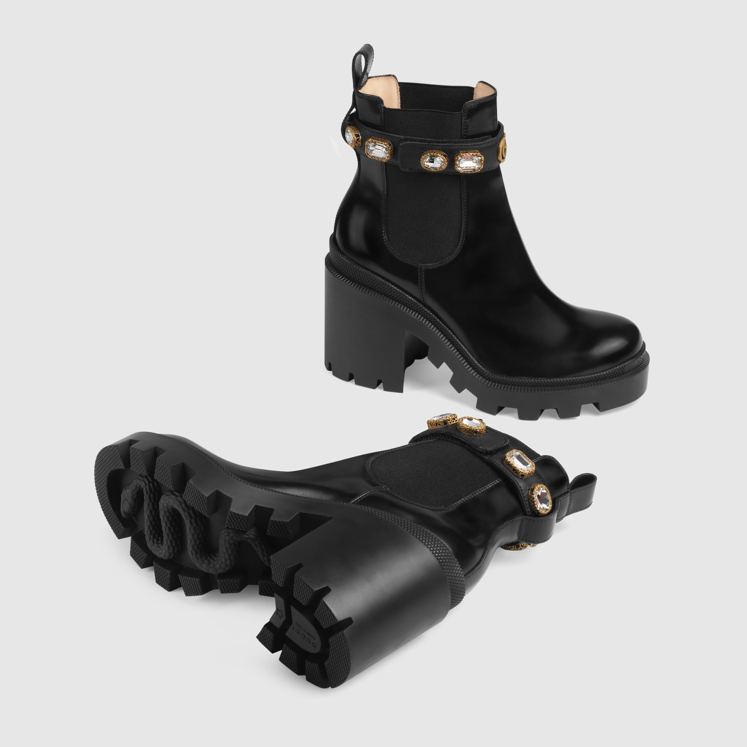 Black Leather Ankle Boot With Belt & Crystals GUCCI® TR