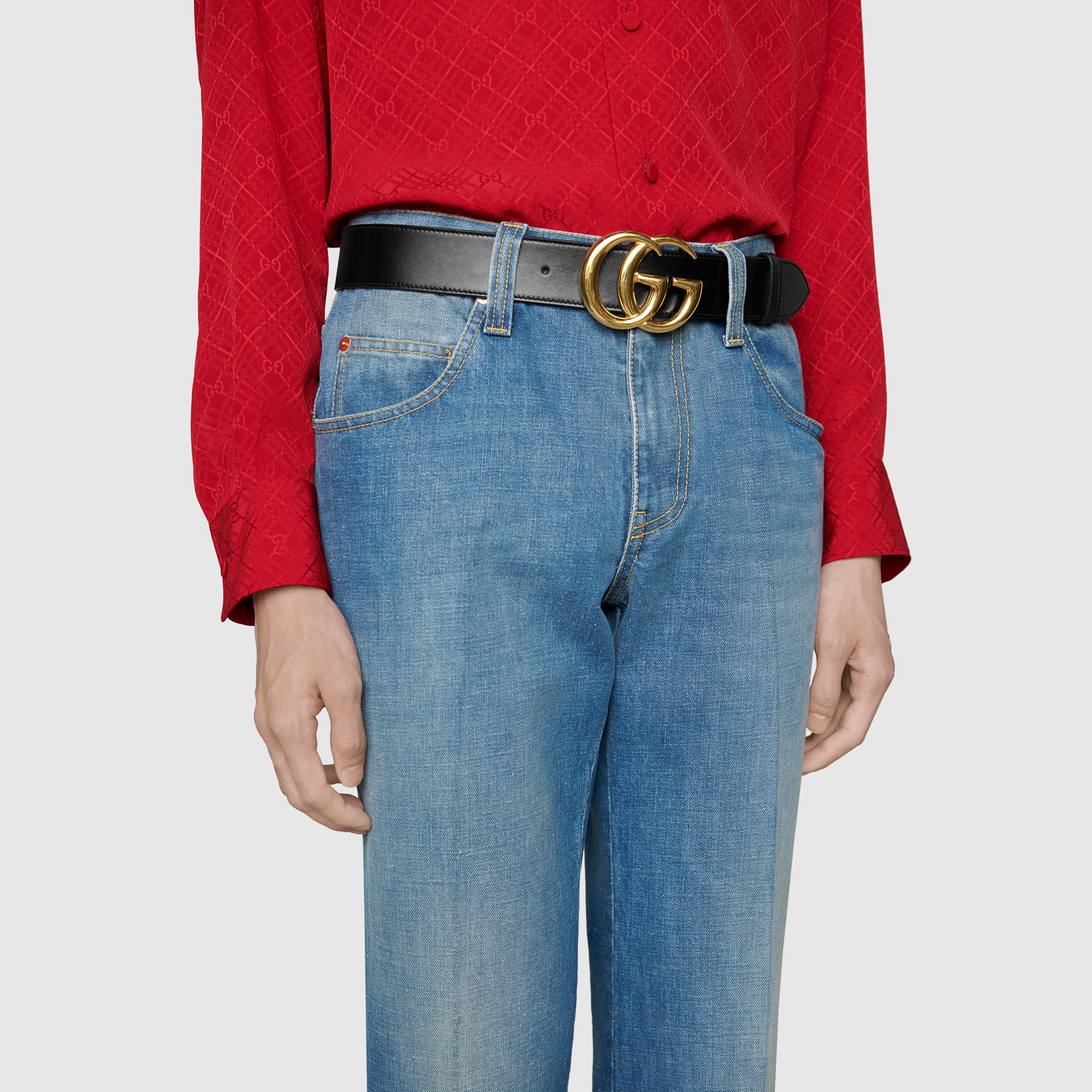 GG Marmont leather belt with shiny buckle in black leather | GUCCI® US