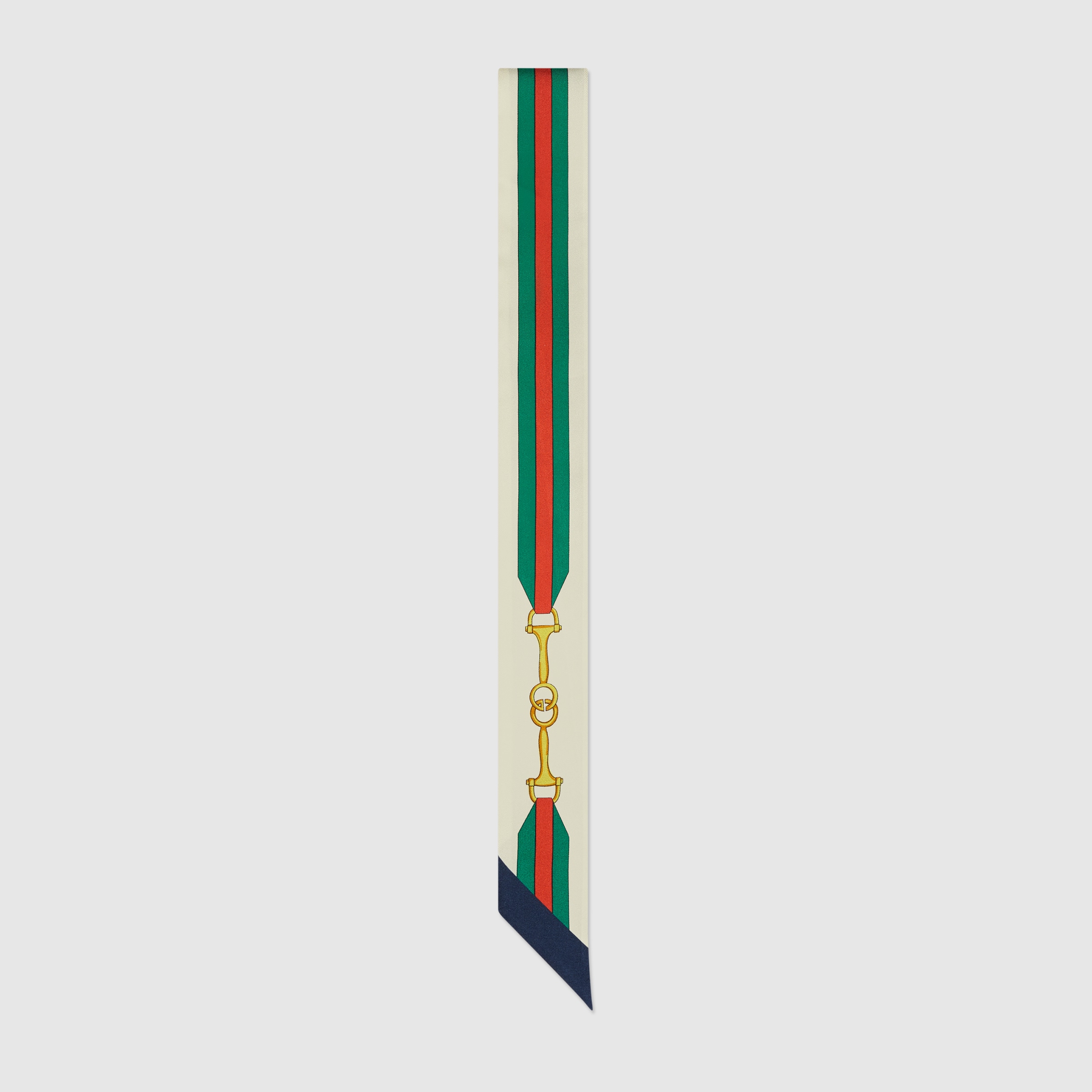 GUCCI シルク　大判スカーフ　アイボリー　緑、水色リボン　ホースビット柄 インターロッキングG ホースビット プリント シルク リボン