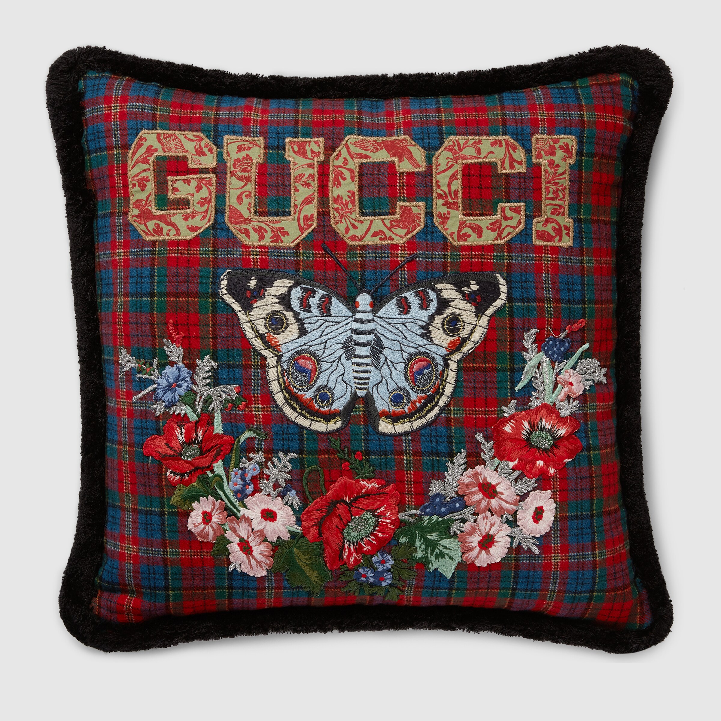 Check Wool Cushion With Butterfly In Red | GUCCIÂ® Canada