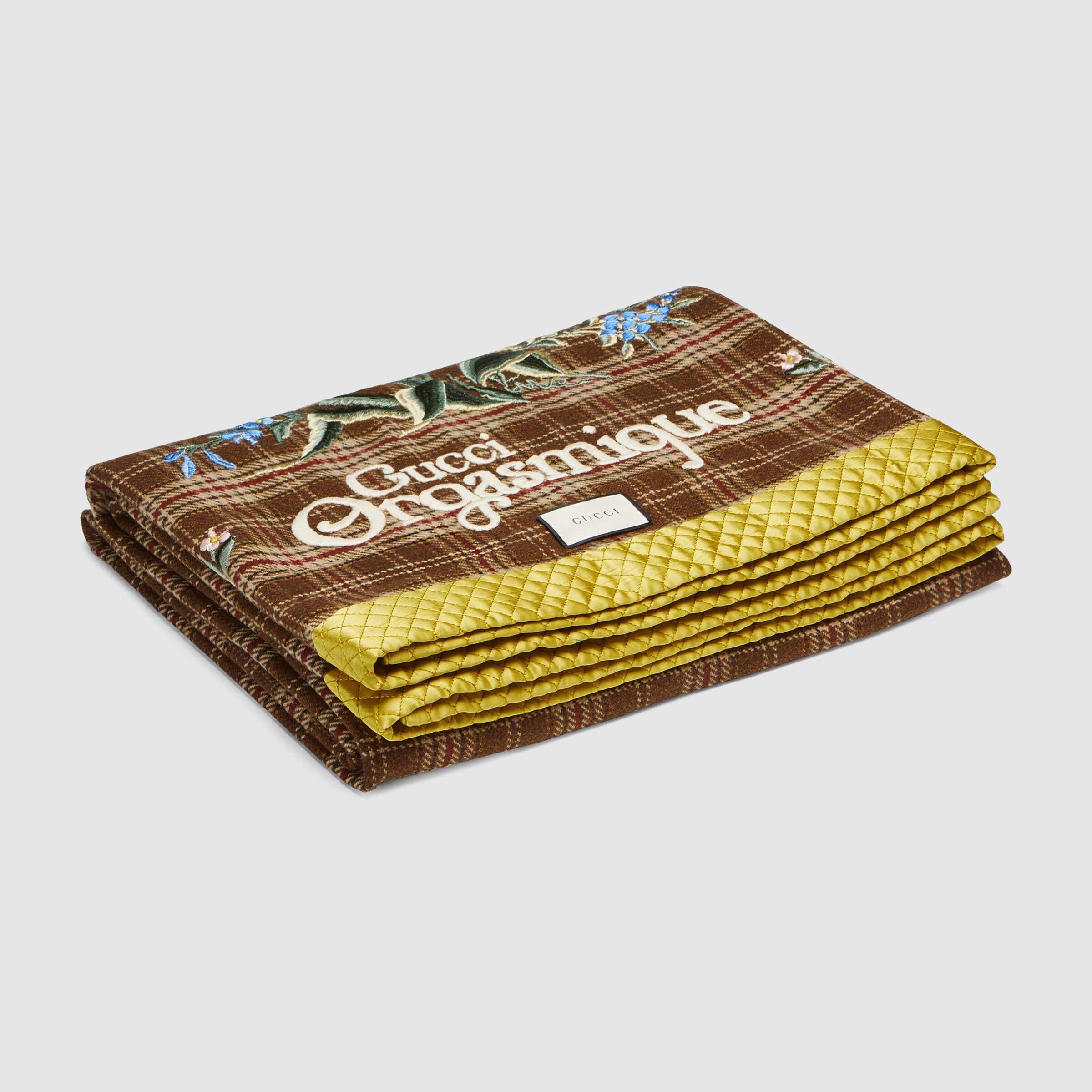 Wool Plaid Throw Blanket With Patches In Brown, Beige & Orange GUCCI® US