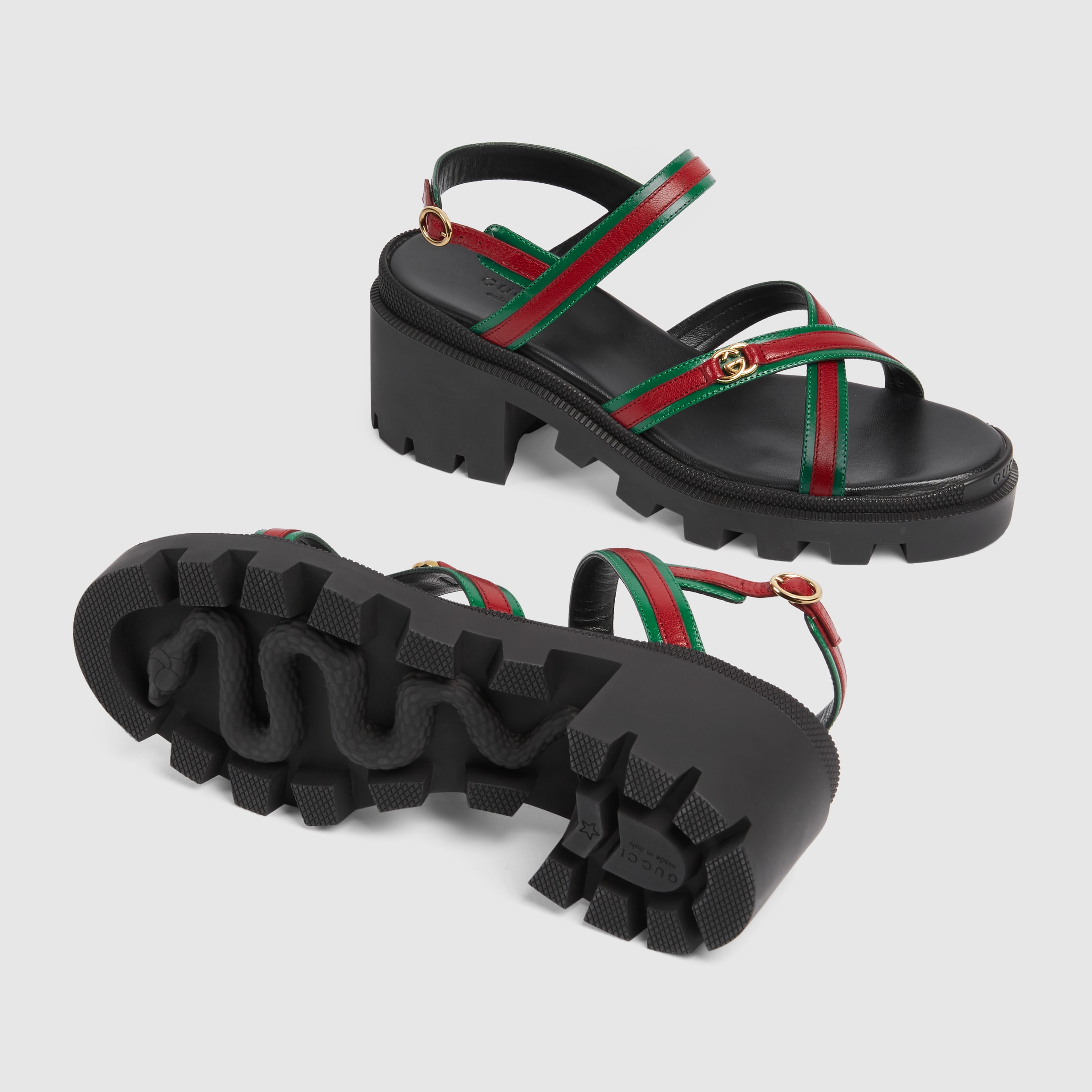 Women's lug sole sandal in green and red leather | GUCCI® BE