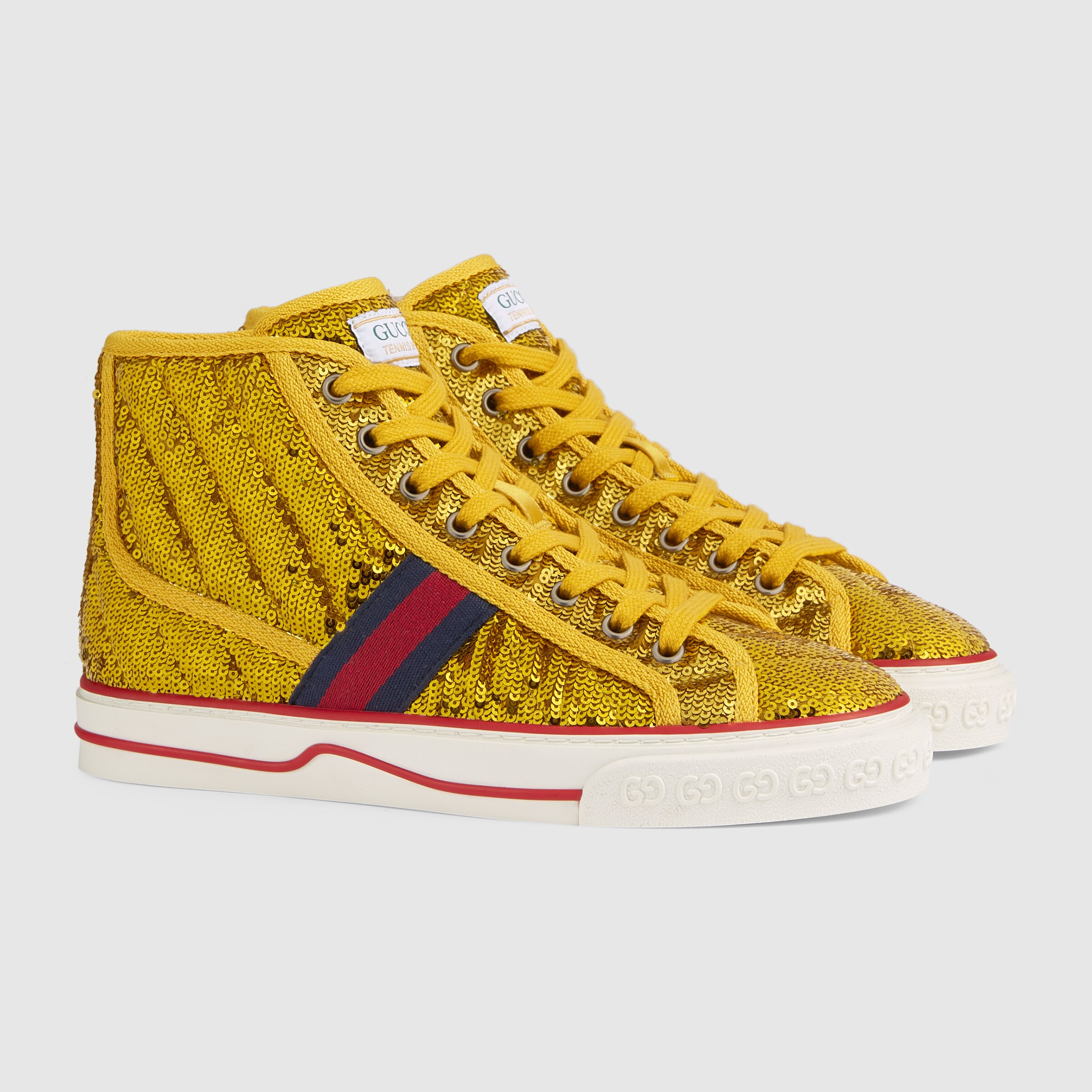 Sneaker alta Gucci Tennis 1977 donna in raso con paillette color oro