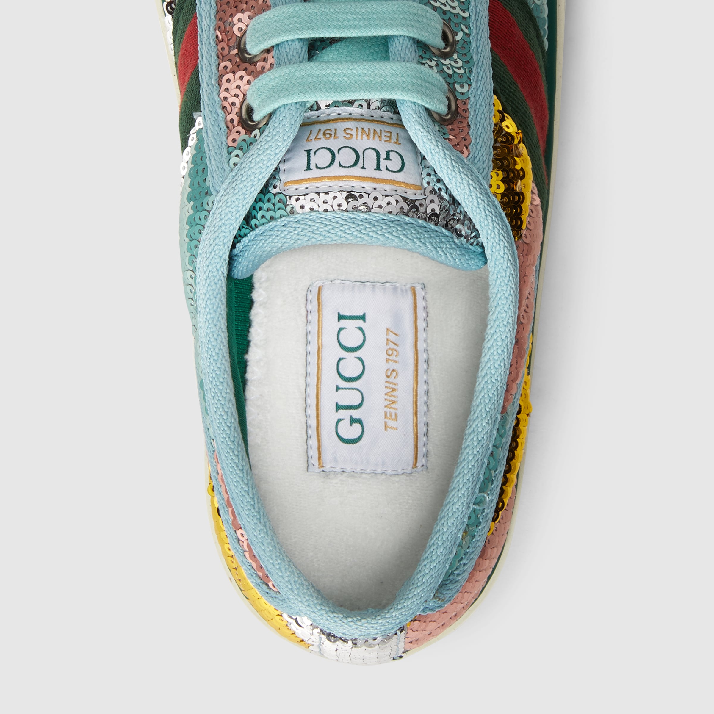 Women's Gucci Tennis 1977 Sneaker In Silver & MultiColor Sequin Satin