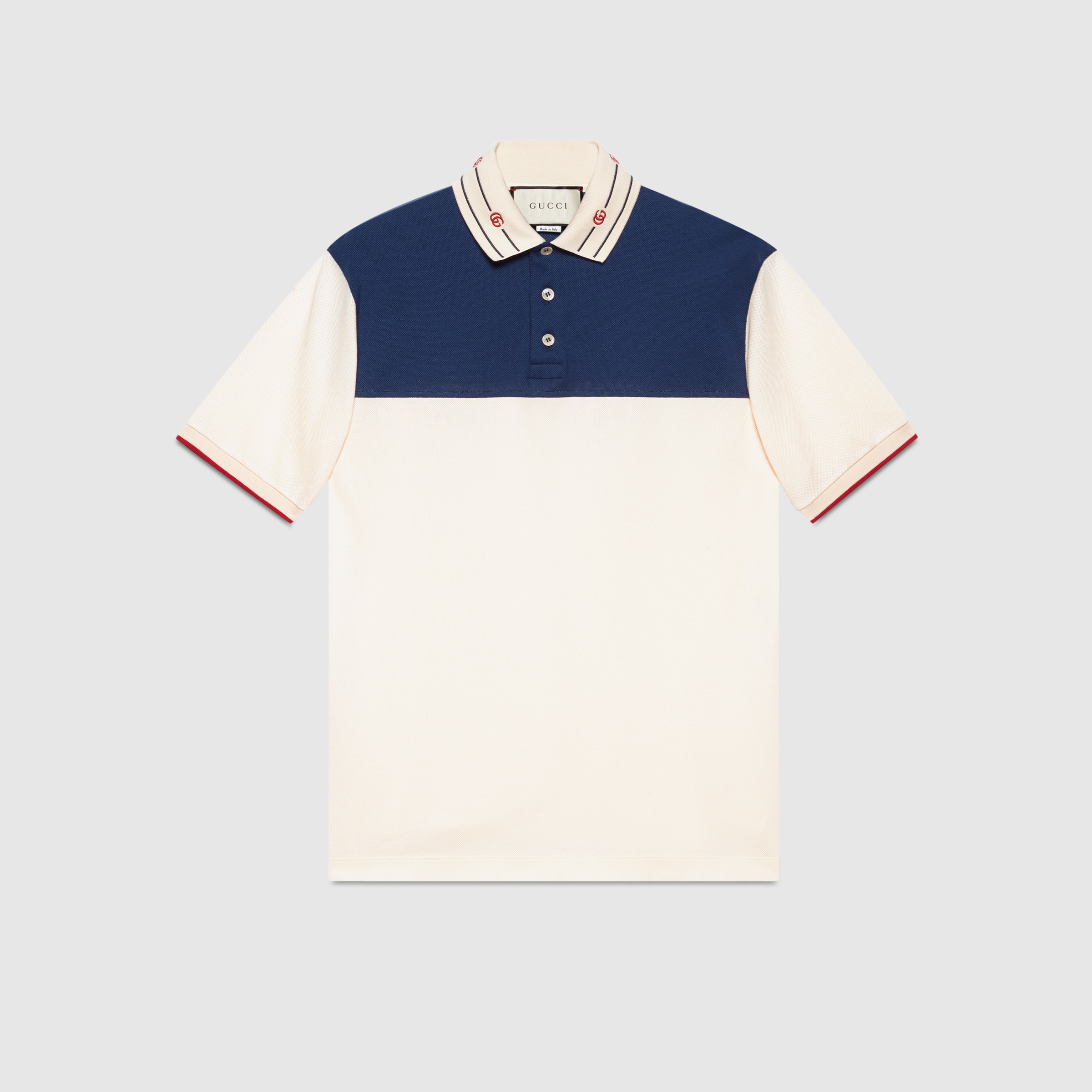 Cotton polo with embroidered collar in off-white and blue | GUCCI® US