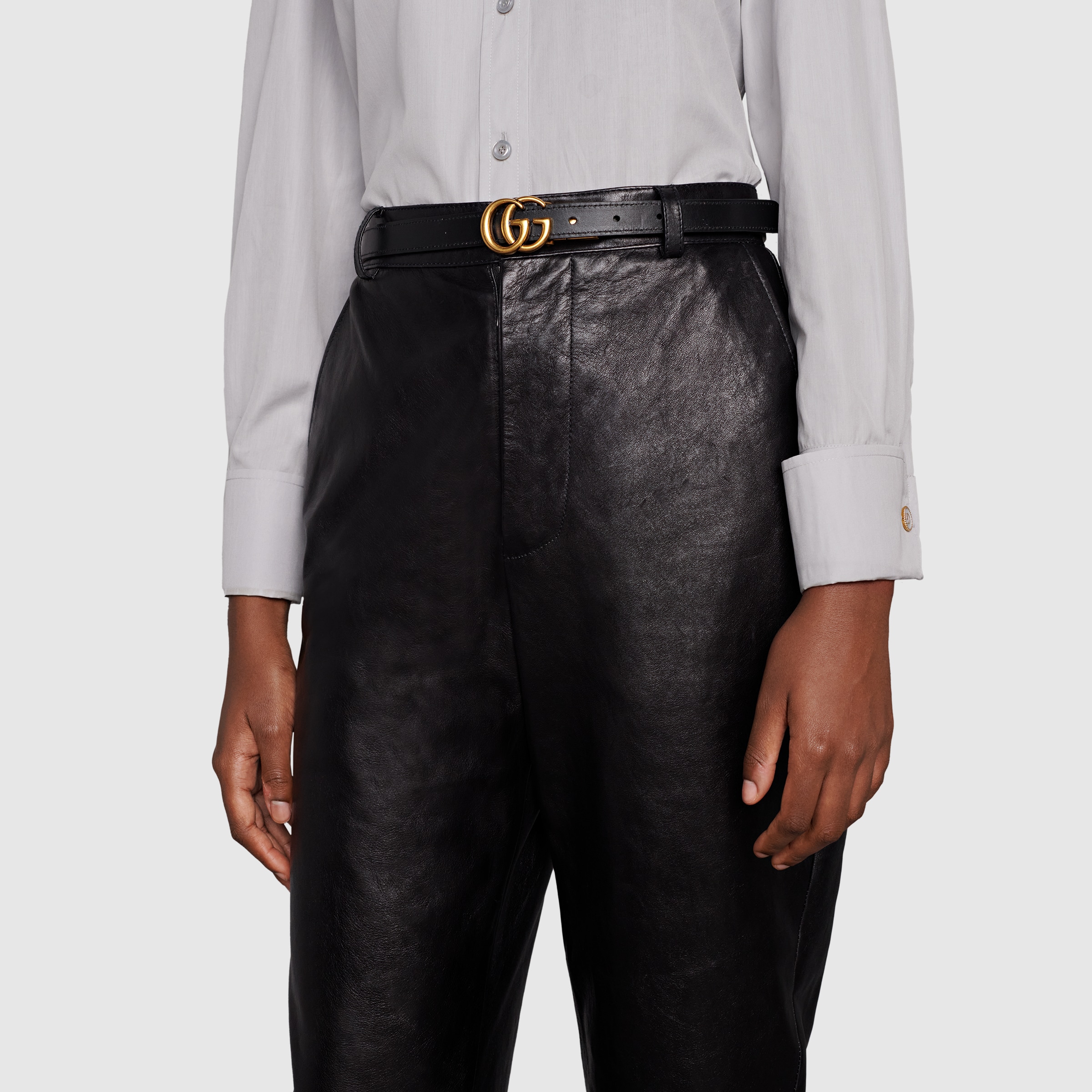 GG Marmont reversible thin belt in pink and black leather | GUCCI® US