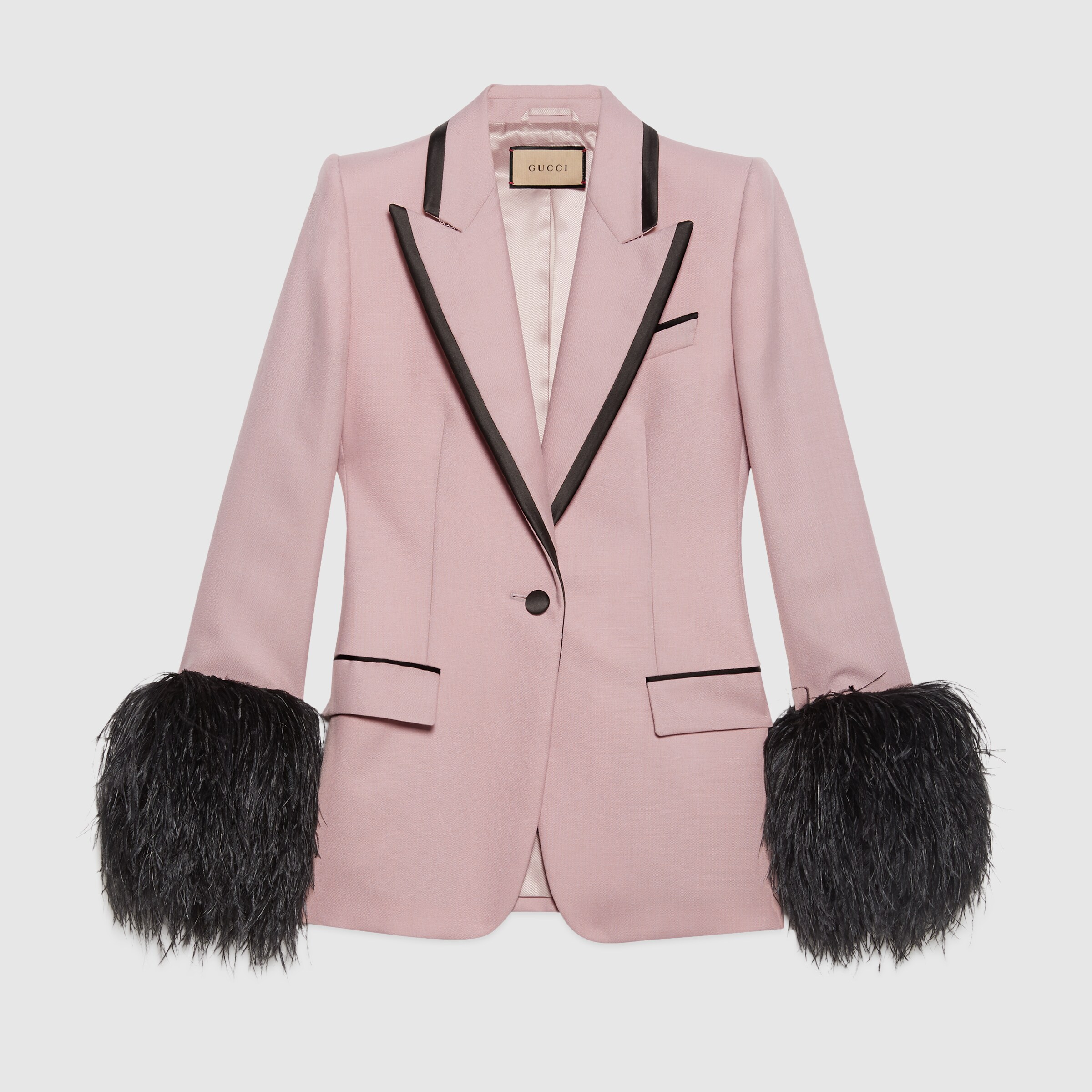 Áo khoác len blazer lông vũ màu hồng viền đen