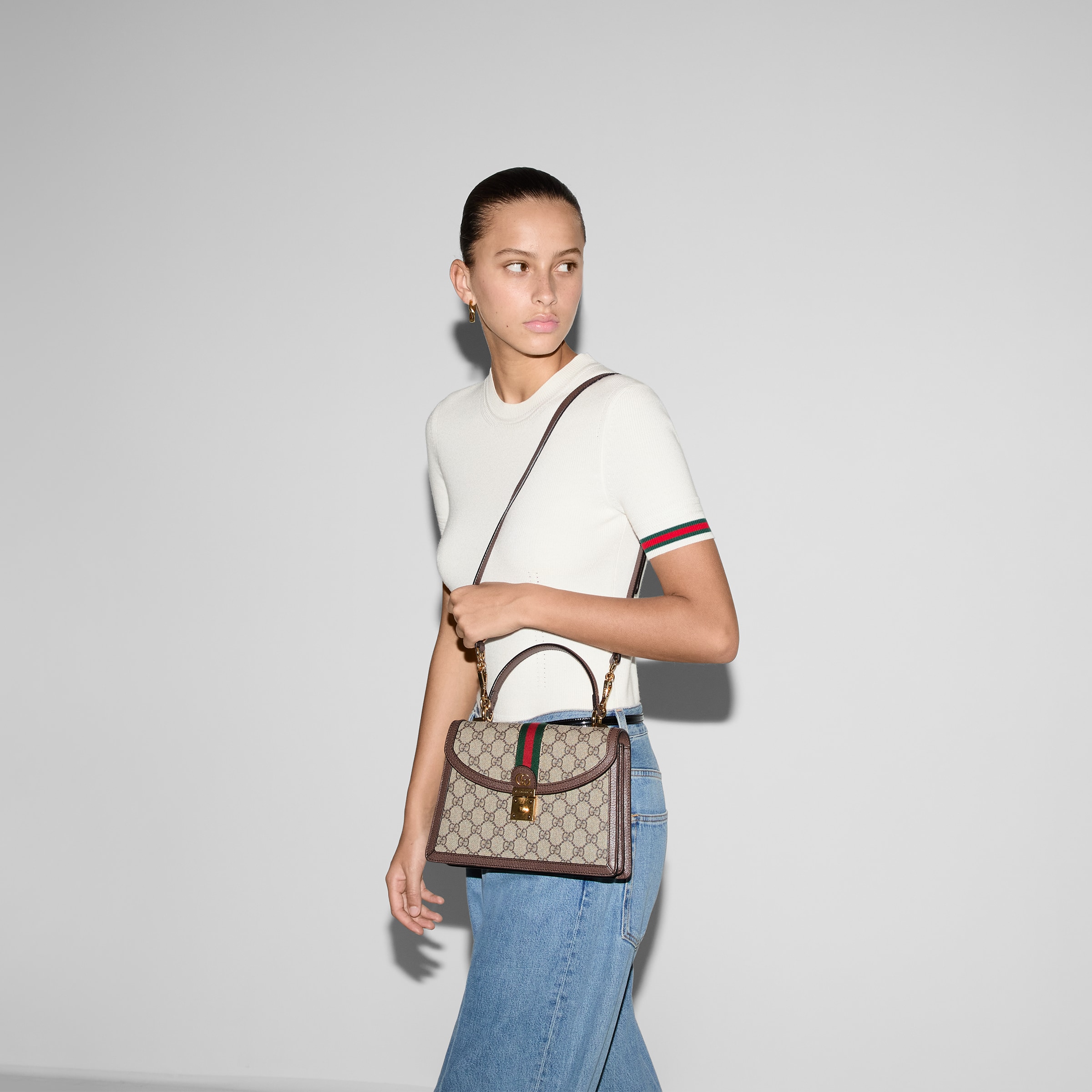 Ophidia small top handle bag with in beige and ebony GG Supreme