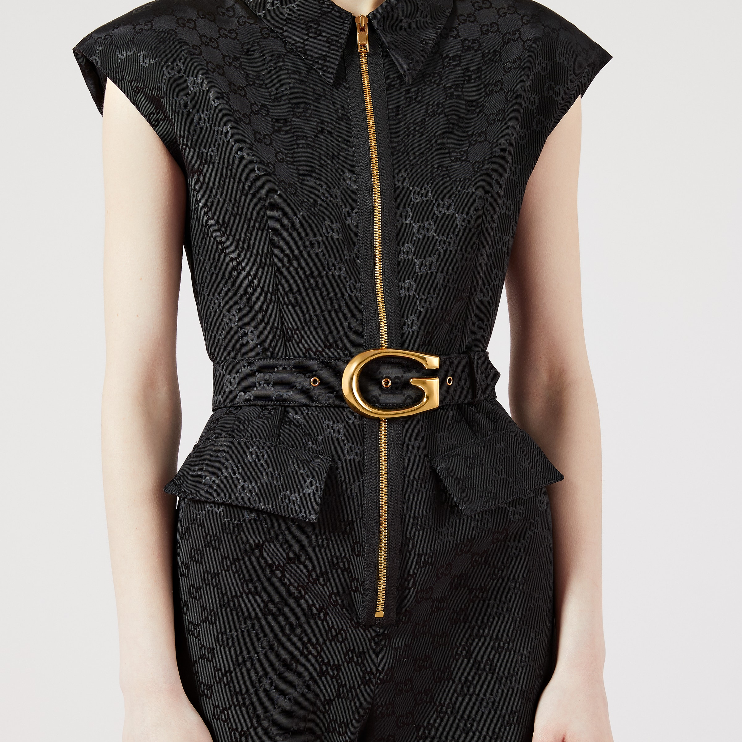 Faille jumpsuit with G buckle belt in black GUCCI® US