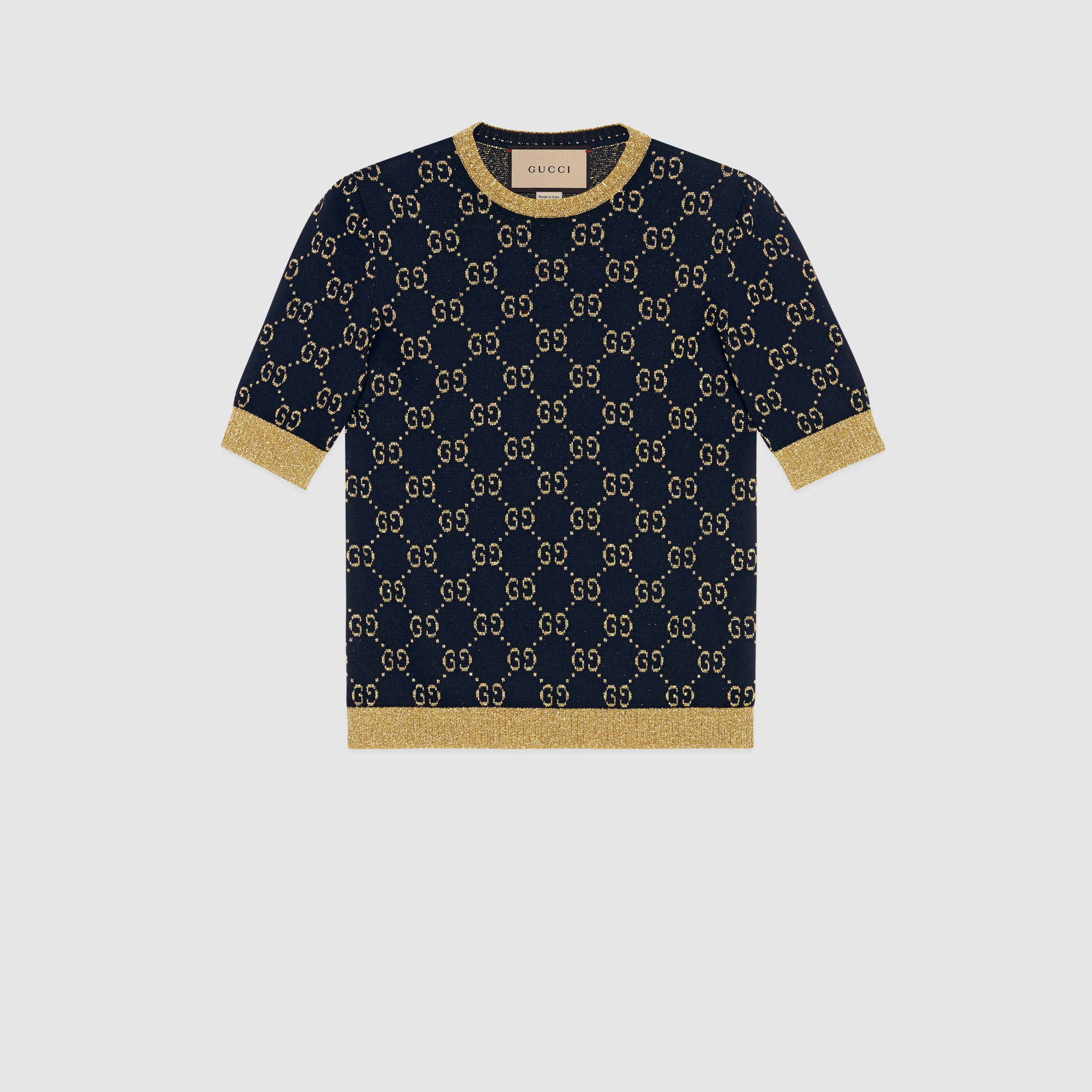 GUCCI ネイビー ゴールド GGロゴ 半袖ニット 中古・古着通販】GUCCI (グッチ) GGラメ半袖ニット 554995