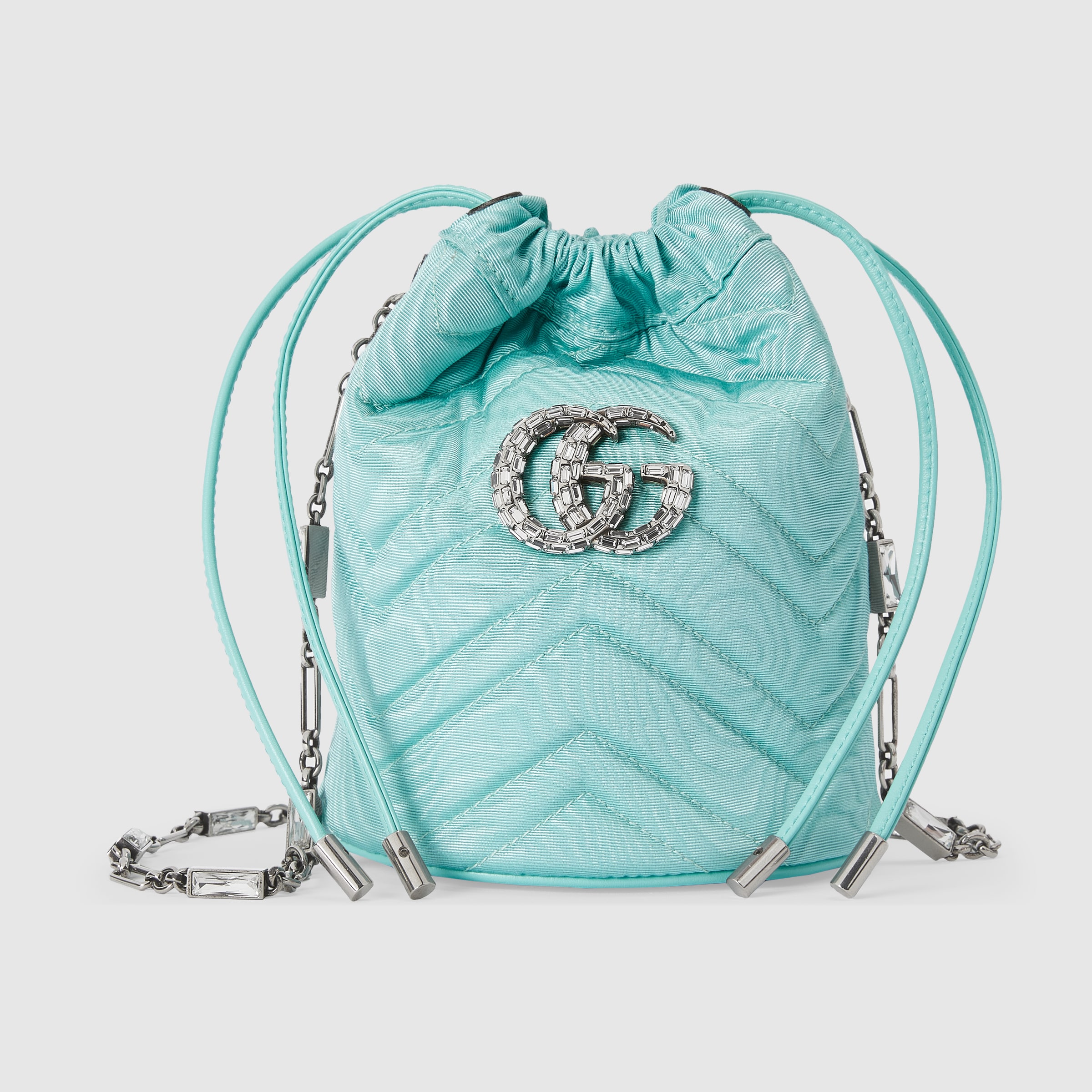 GG Marmont bucket bag in light blue moiré fabric GUCCI® FI