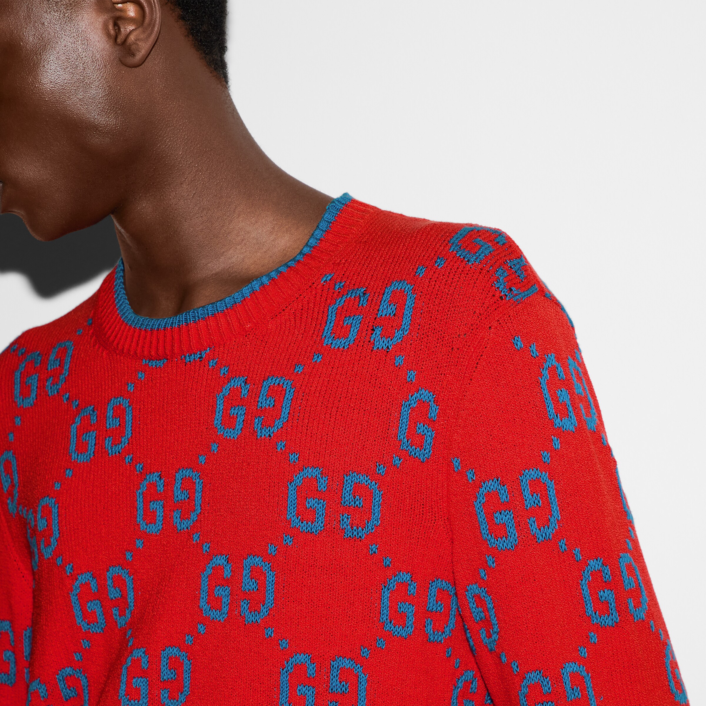 GG knit cotton jacquard sweater in red and blue GUCCI® Canada