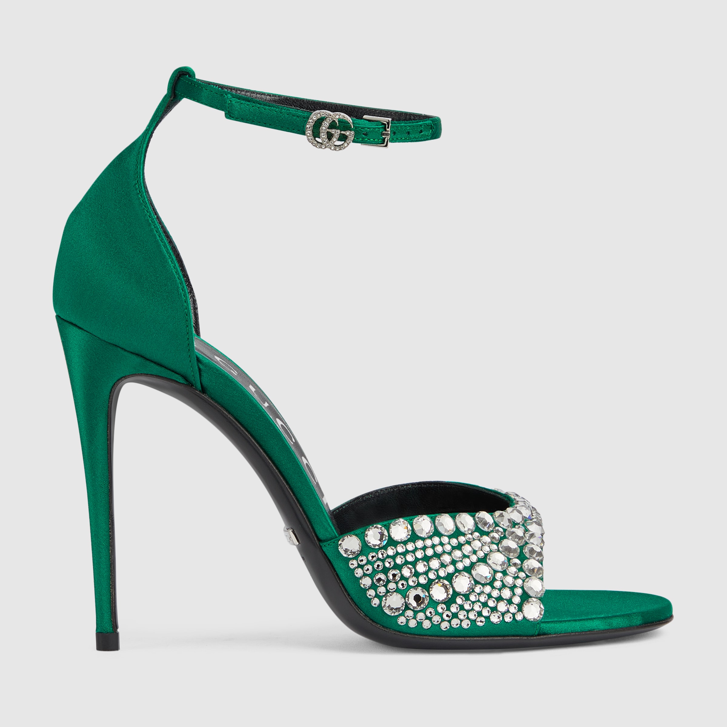 Women's high heel sandals with crystals in emerald green satin GUCCI® NO
