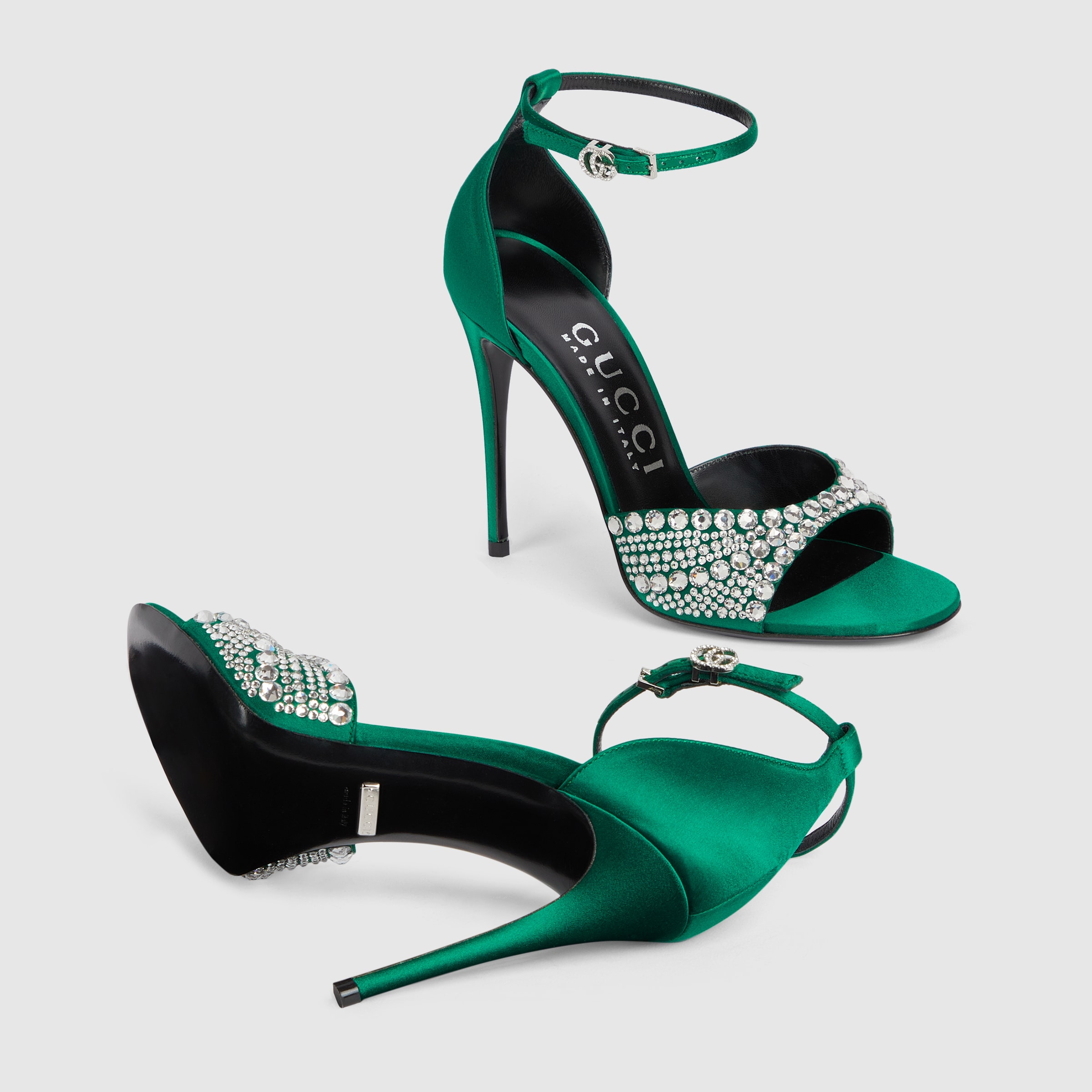 Women's high heel sandals with crystals in emerald green satin GUCCI® UK