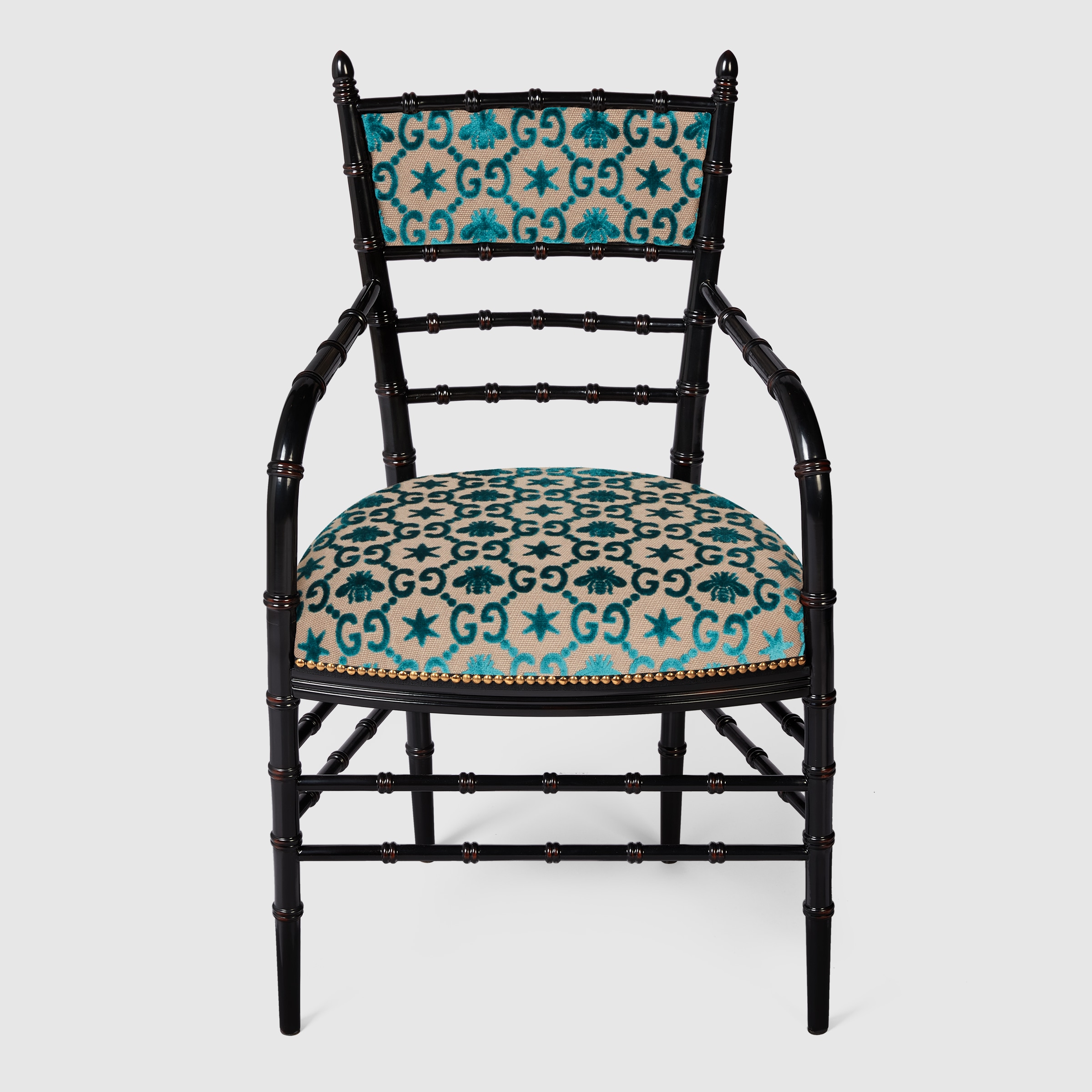 Chiavari GG stars chair with arm rest in peacock velvet jacquard