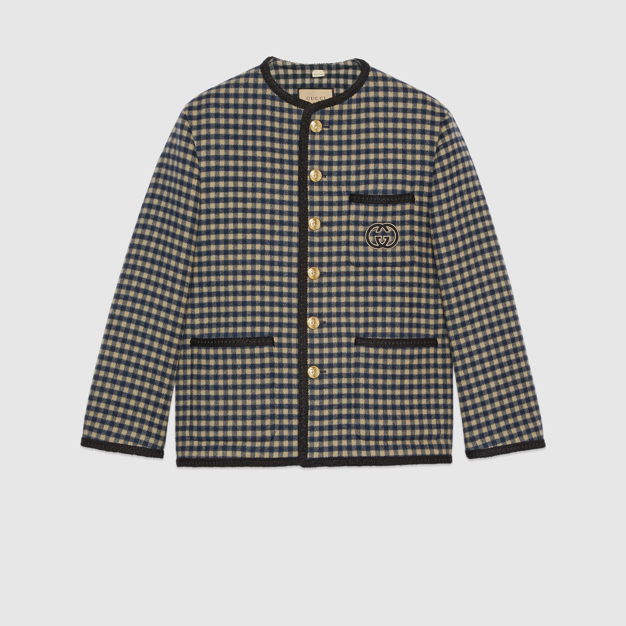 Wool gingham jacket with Interlocking G in beige and blue | GUCCI® UK