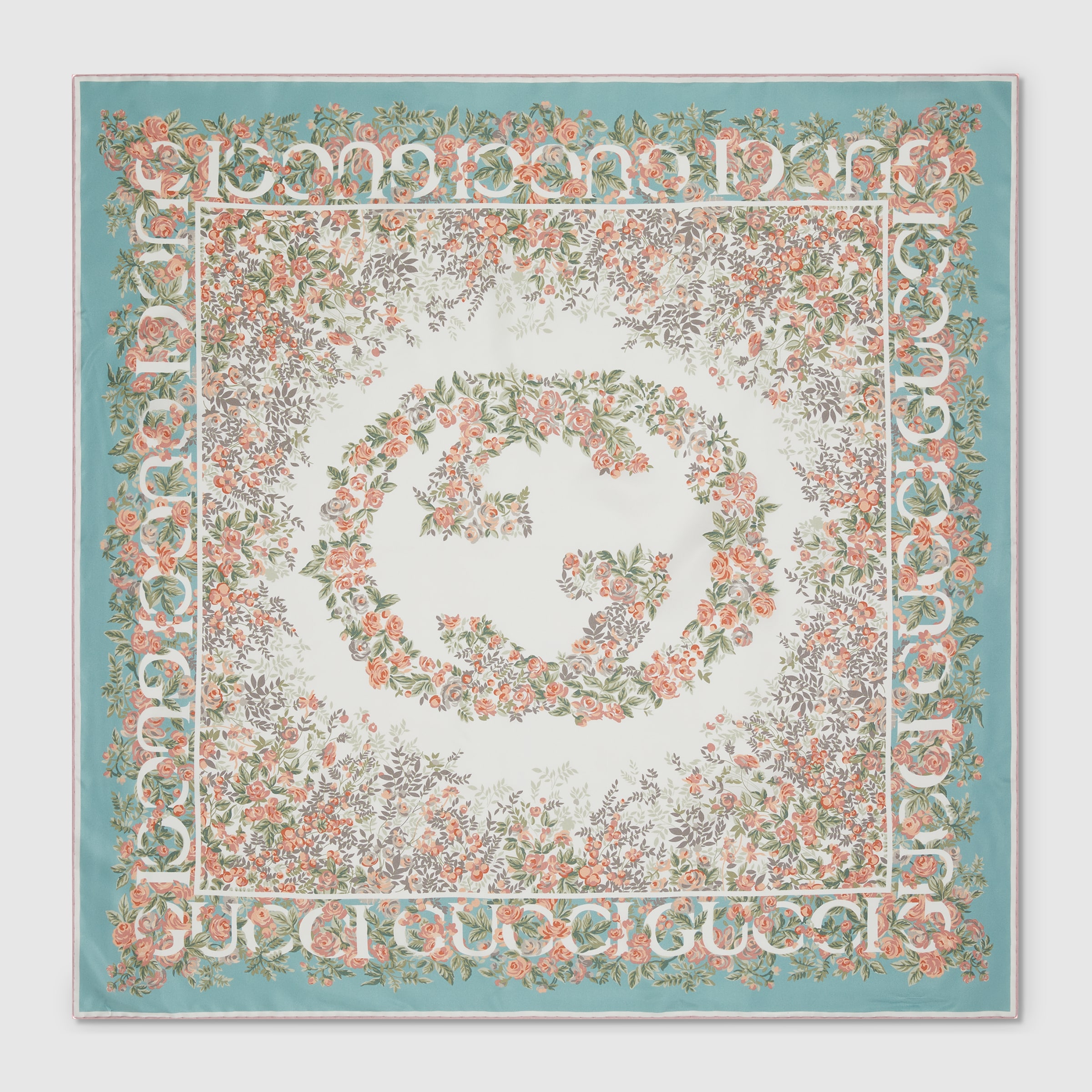 GUCCI ロコフレトリハシフルヘルト 7957870YAOX 6445 Printed silk twill carré in acquamarine and pink | GUCCI® SI
