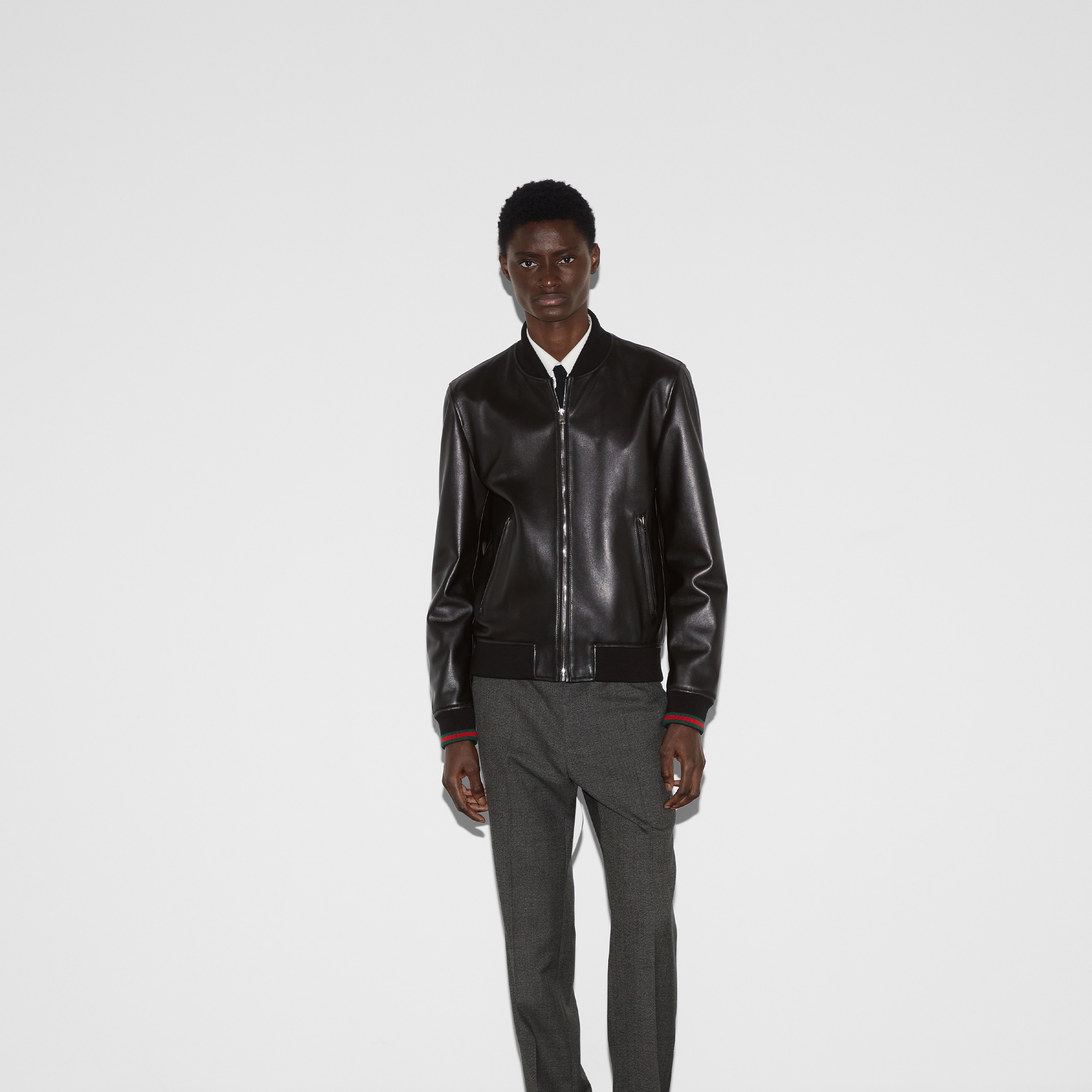 Leather bomber jacket with Web in black | GUCCI UK
