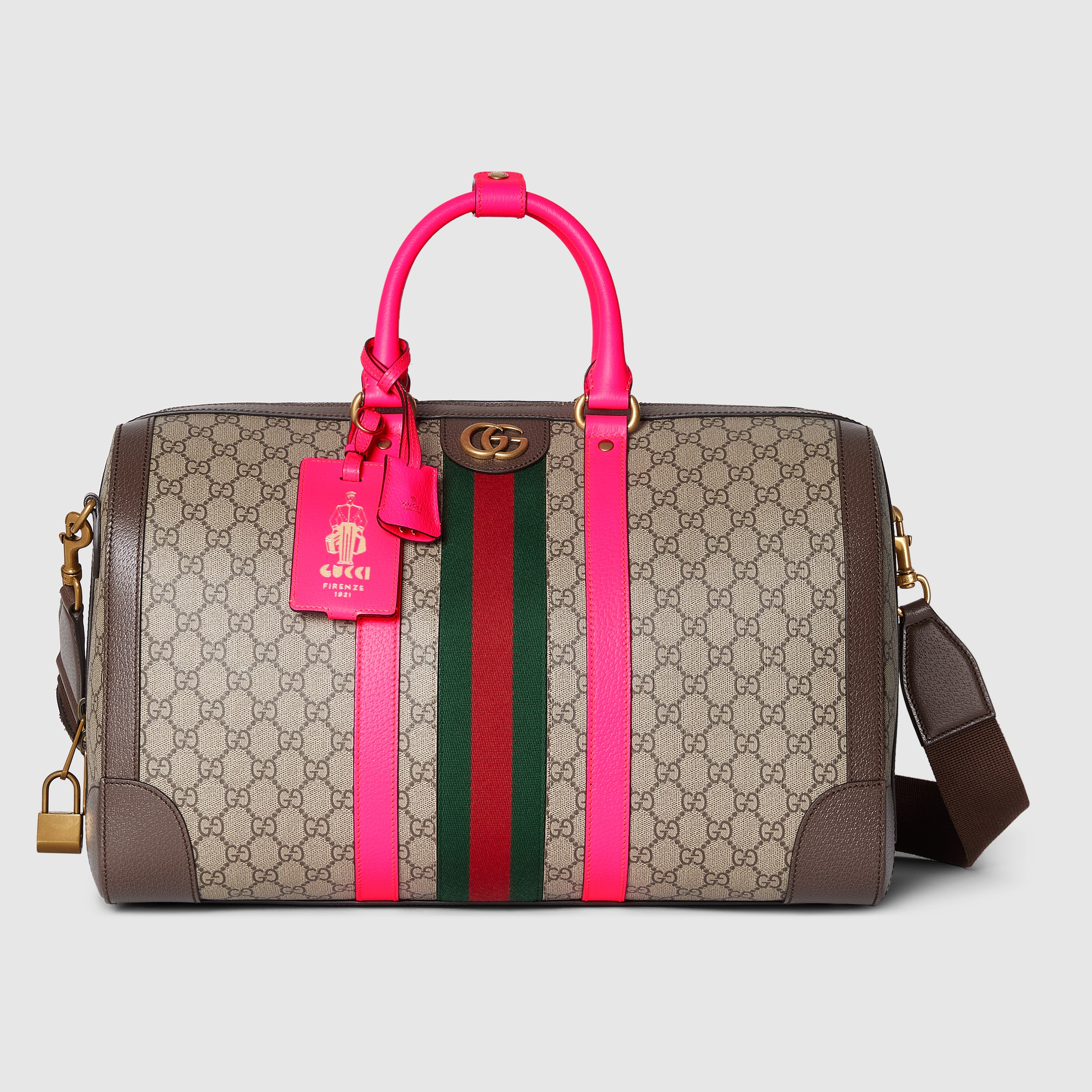 Gucci Savoy medium duffle bag in beige and ebony GG Supreme | GUCCI® US