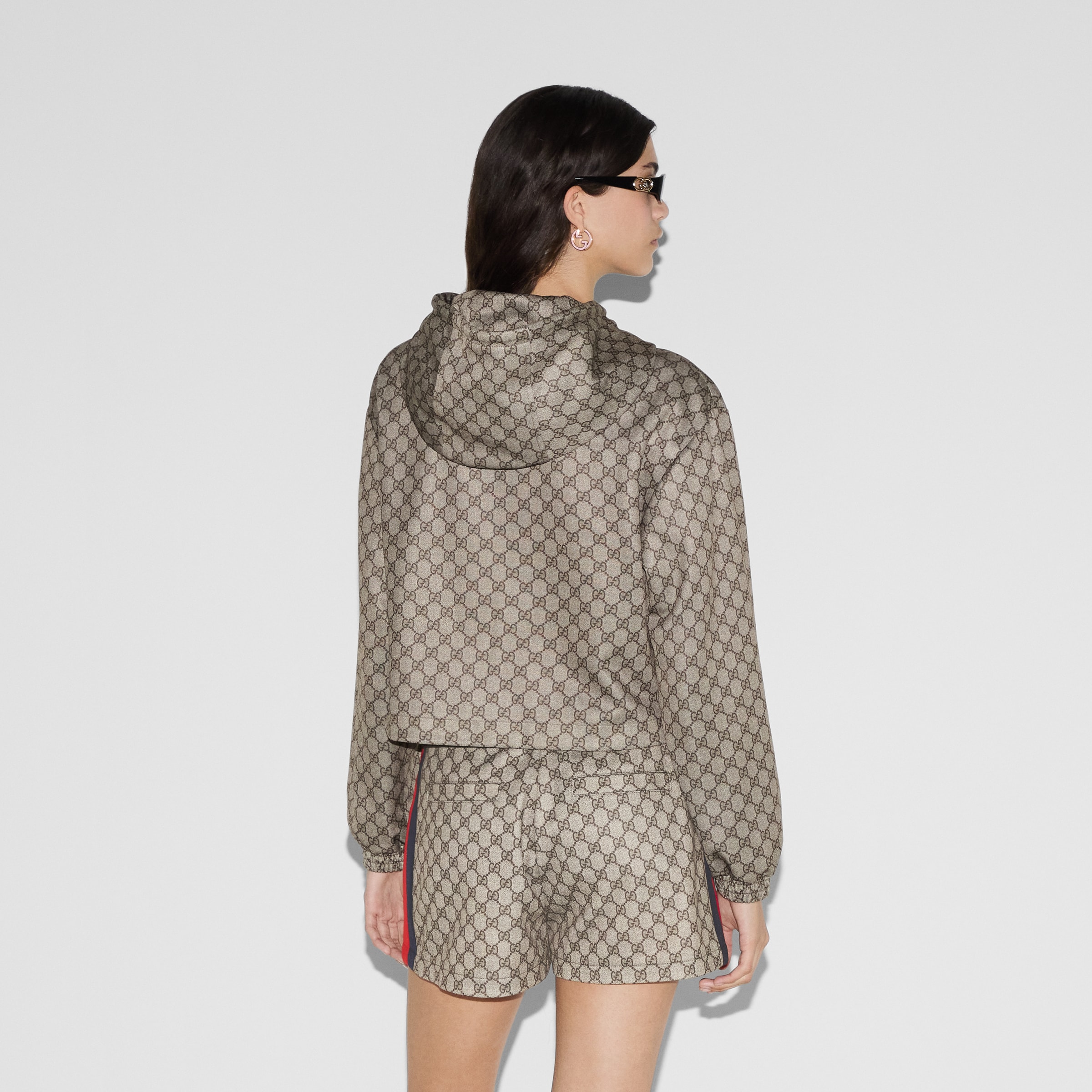 GG technical jersey zip jacket in beige and ebony | GUCCI® US