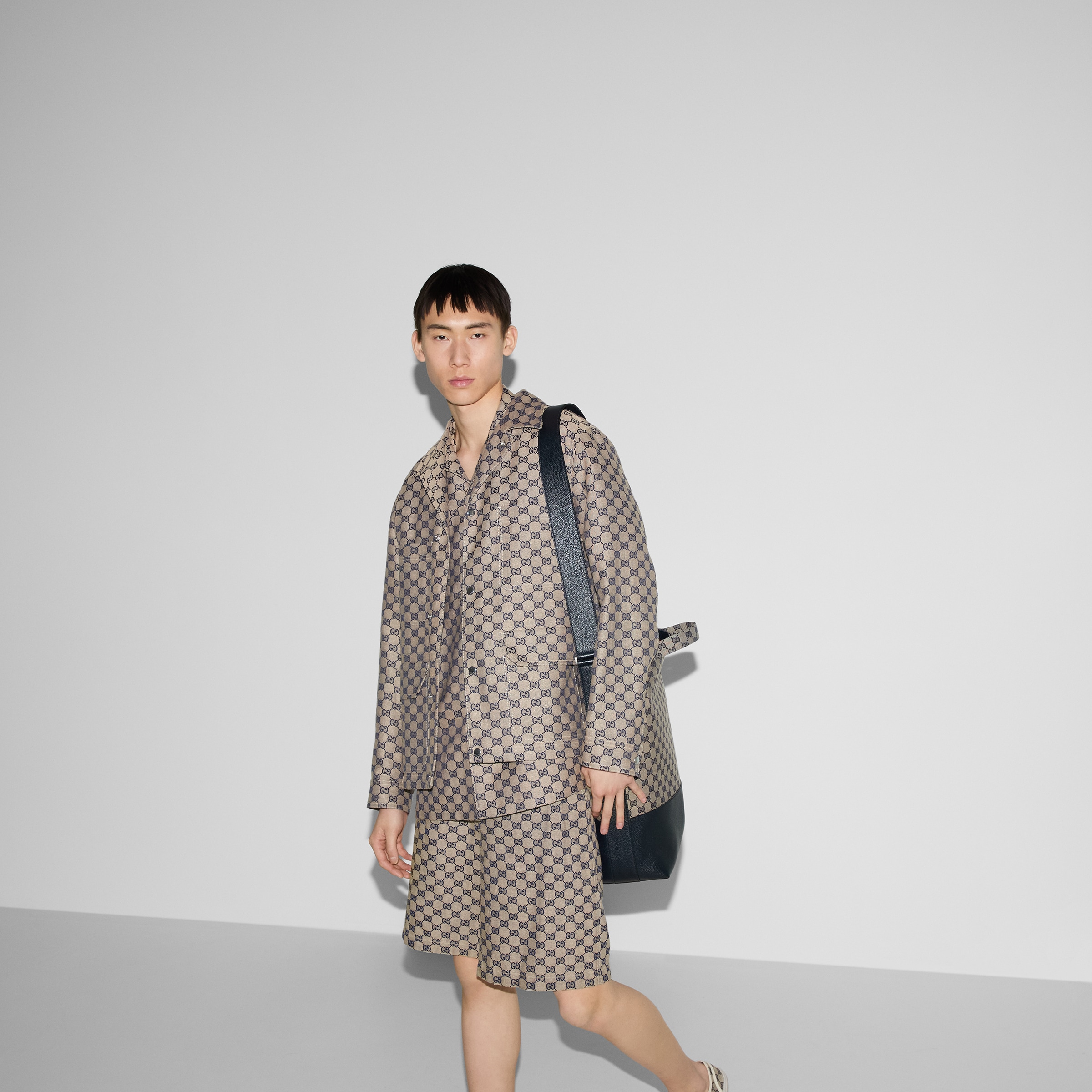GG linen blend canvas jacket in beige and blue | GUCCI® US