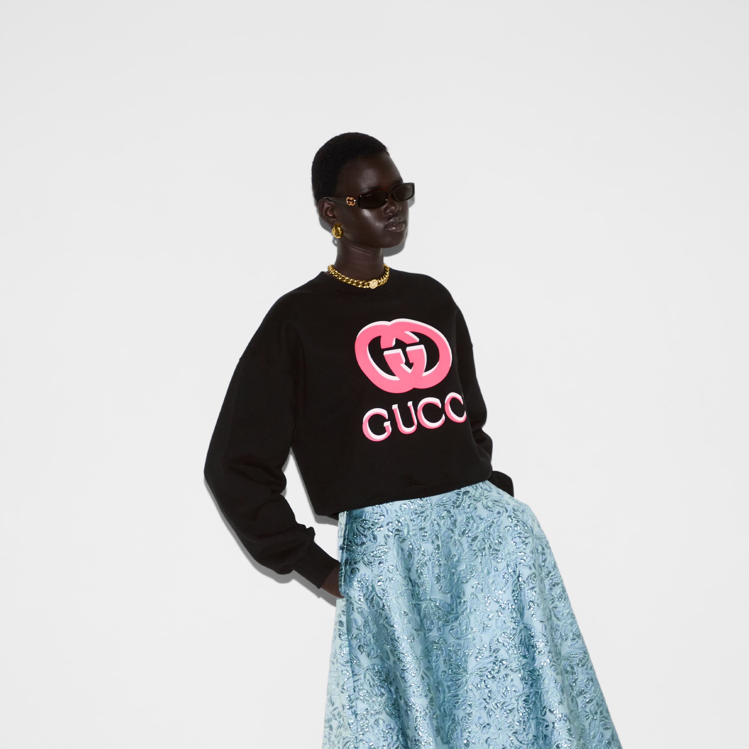 Printed cotton jersey sweatshirt in black | GUCCI® US