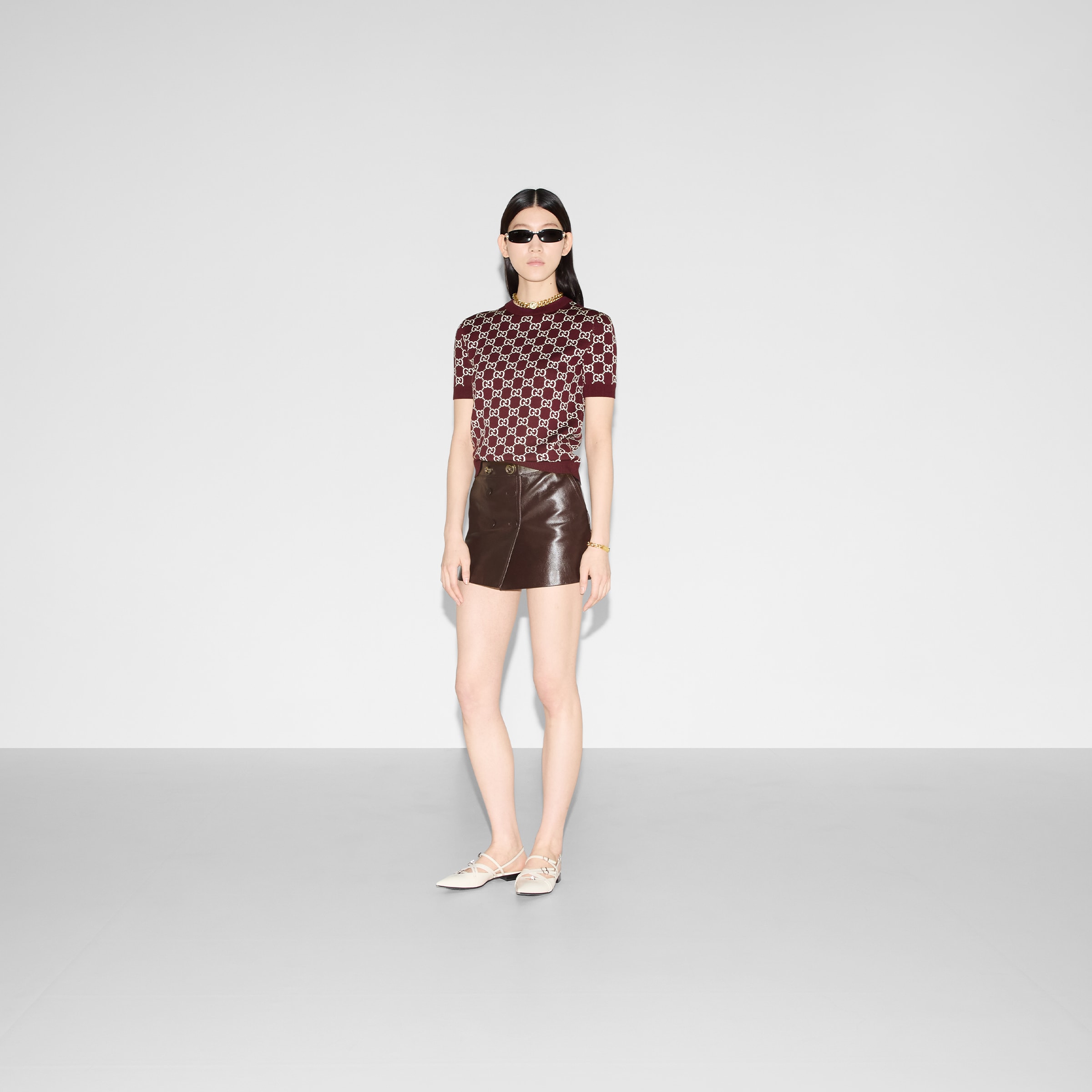 Reversible GG wool jacquard top in bordeaux and white