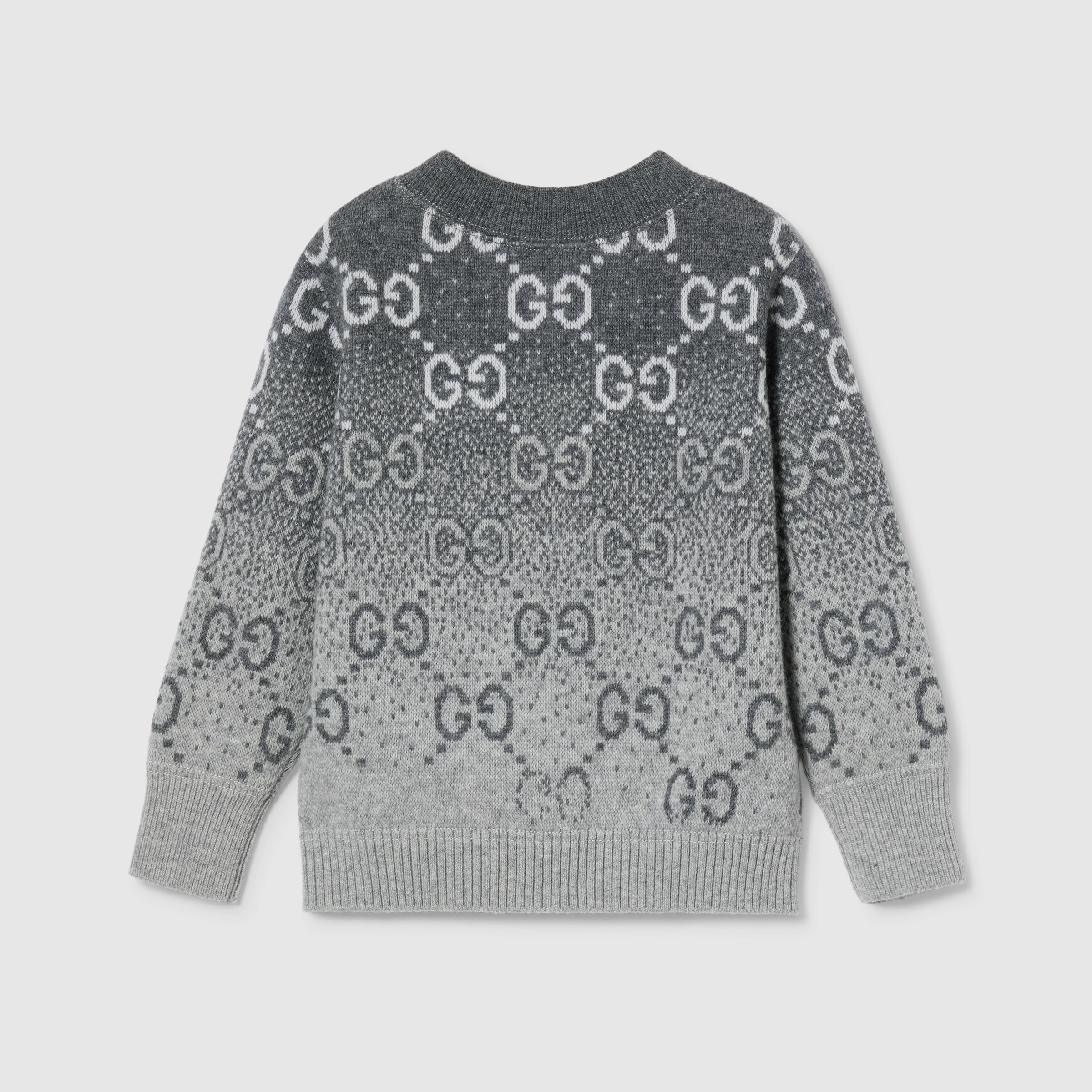 【美品】GUCCI グッチ　グレー ロゴ入りカーディガン　5歳 GGウール ブークレ ジャカード カーディガングレー＆アイボリー