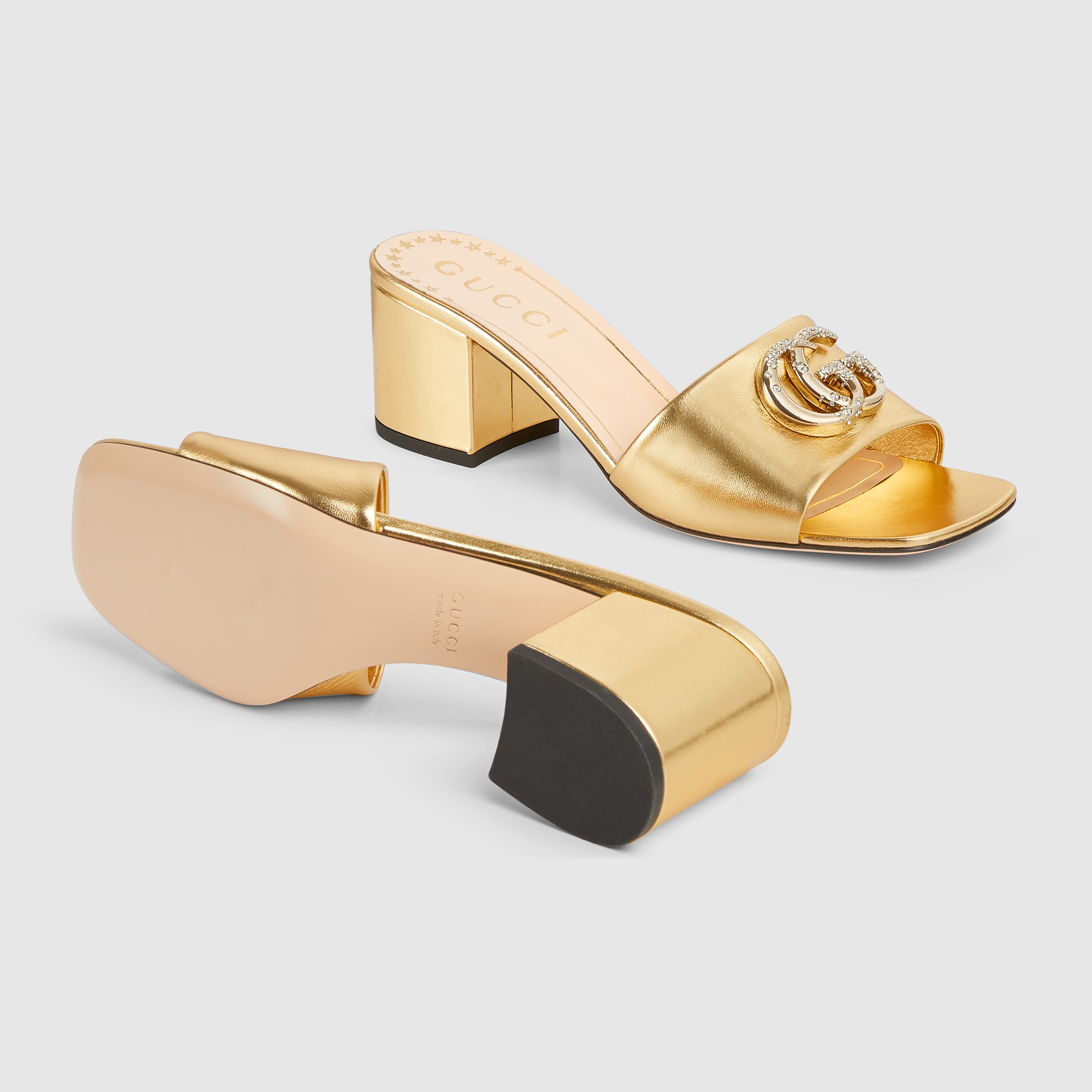 【GUCCI 】Nojum Blondie llic Leather Mule SandalsPLATINO Vintage GUCCI BLONDIE LEATHER MEDALLION GOLD Slides OPEN TOE