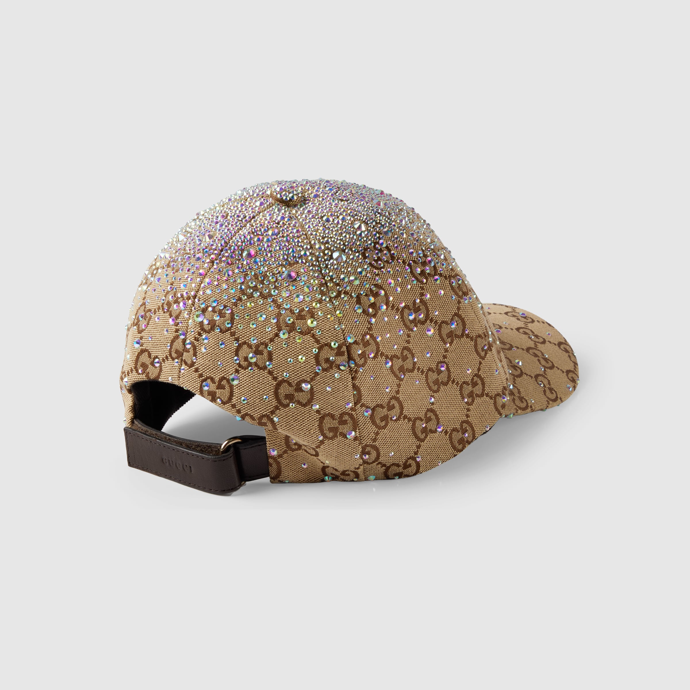 GG canvas baseball hat with crystals in camel and dark brown