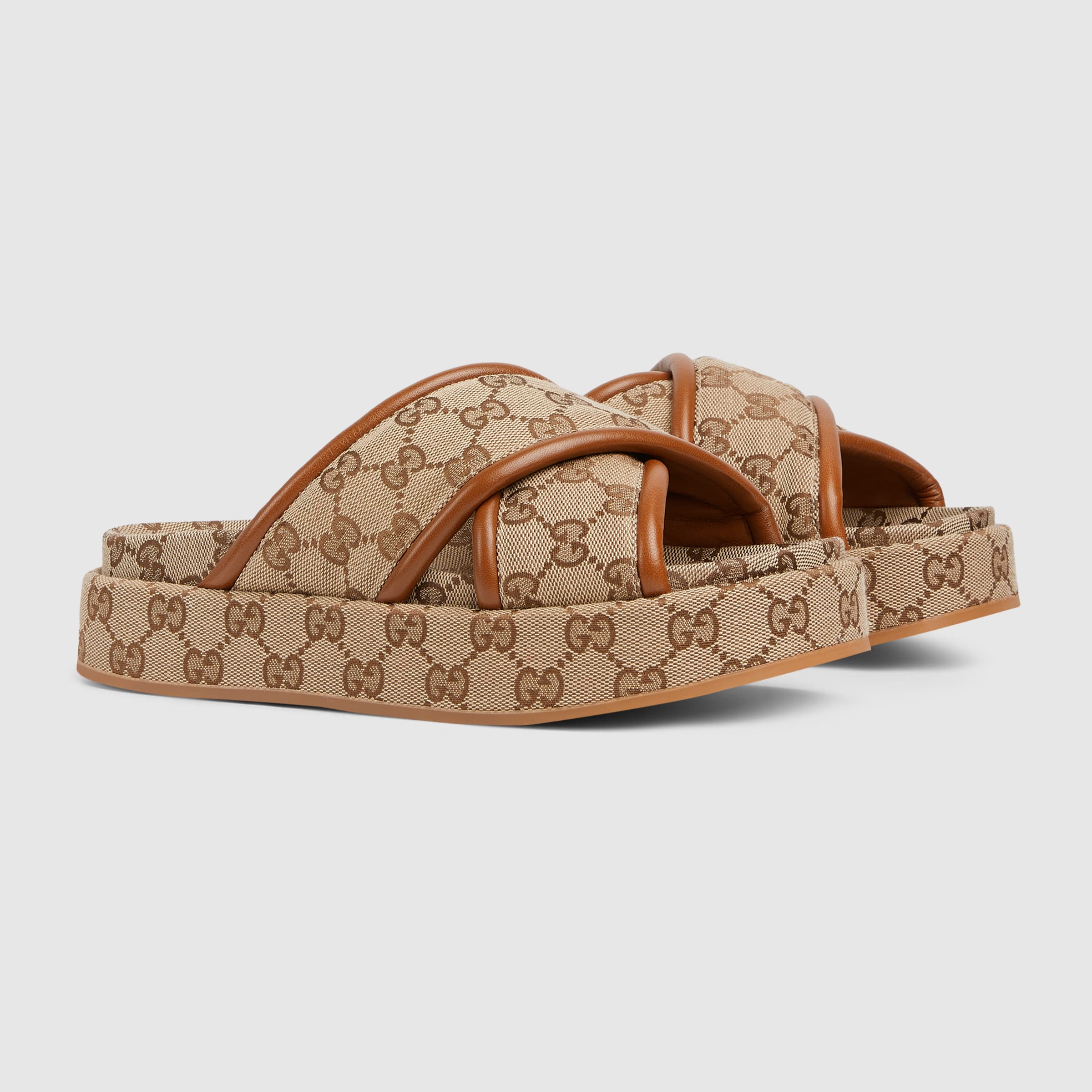 【国内発送】GUCCI GG canvas in flat sandals Women's Horsebit flatform sandal in beige and ebony Original