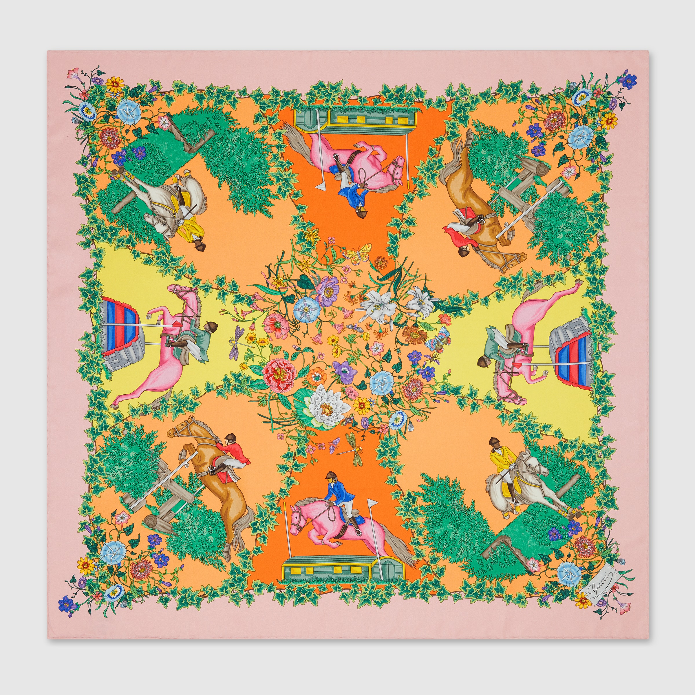 Printed silk twill carré in pink and multicolor | GUCCI® US