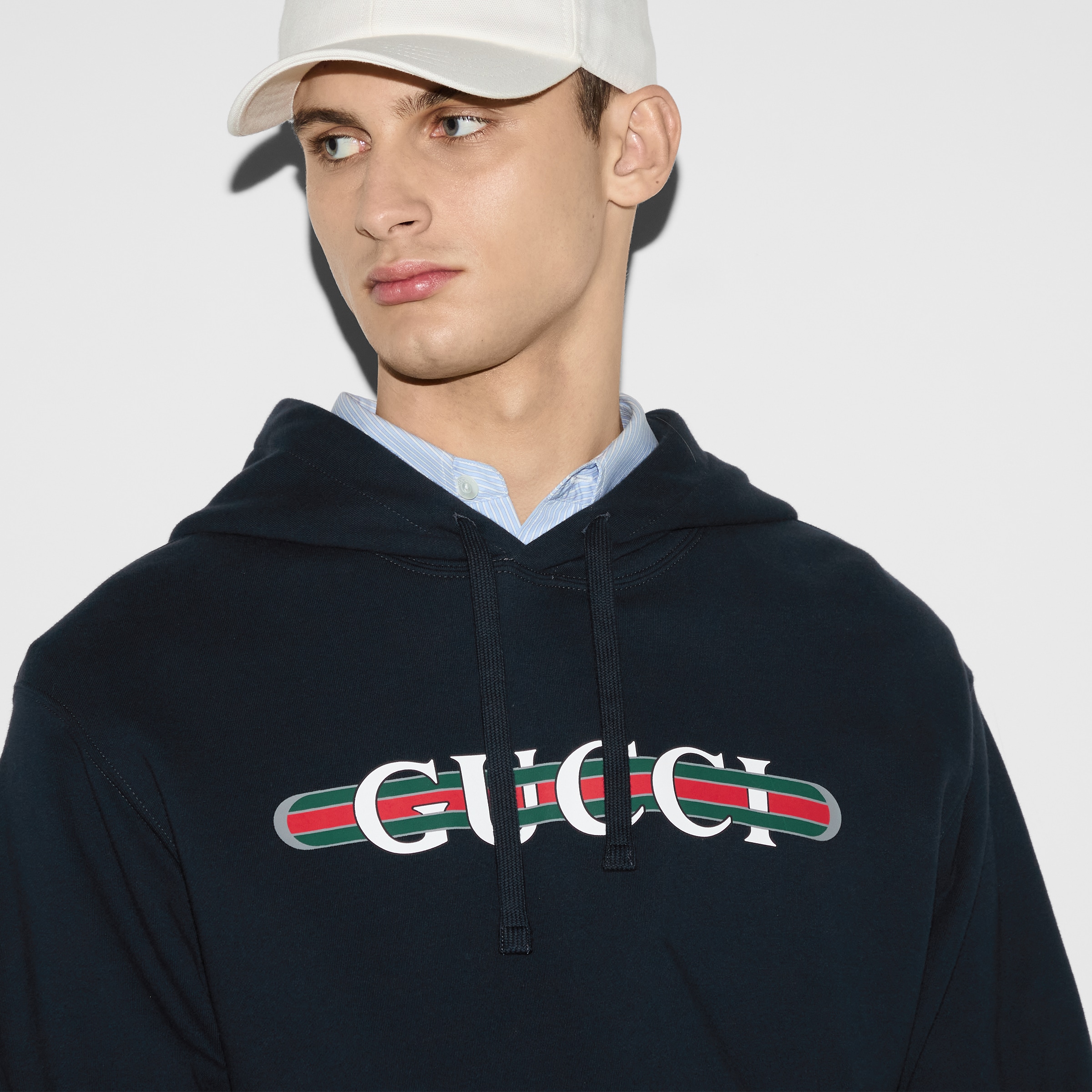 Printed cotton jersey hooded sweatshirt in navy | GUCCI® US