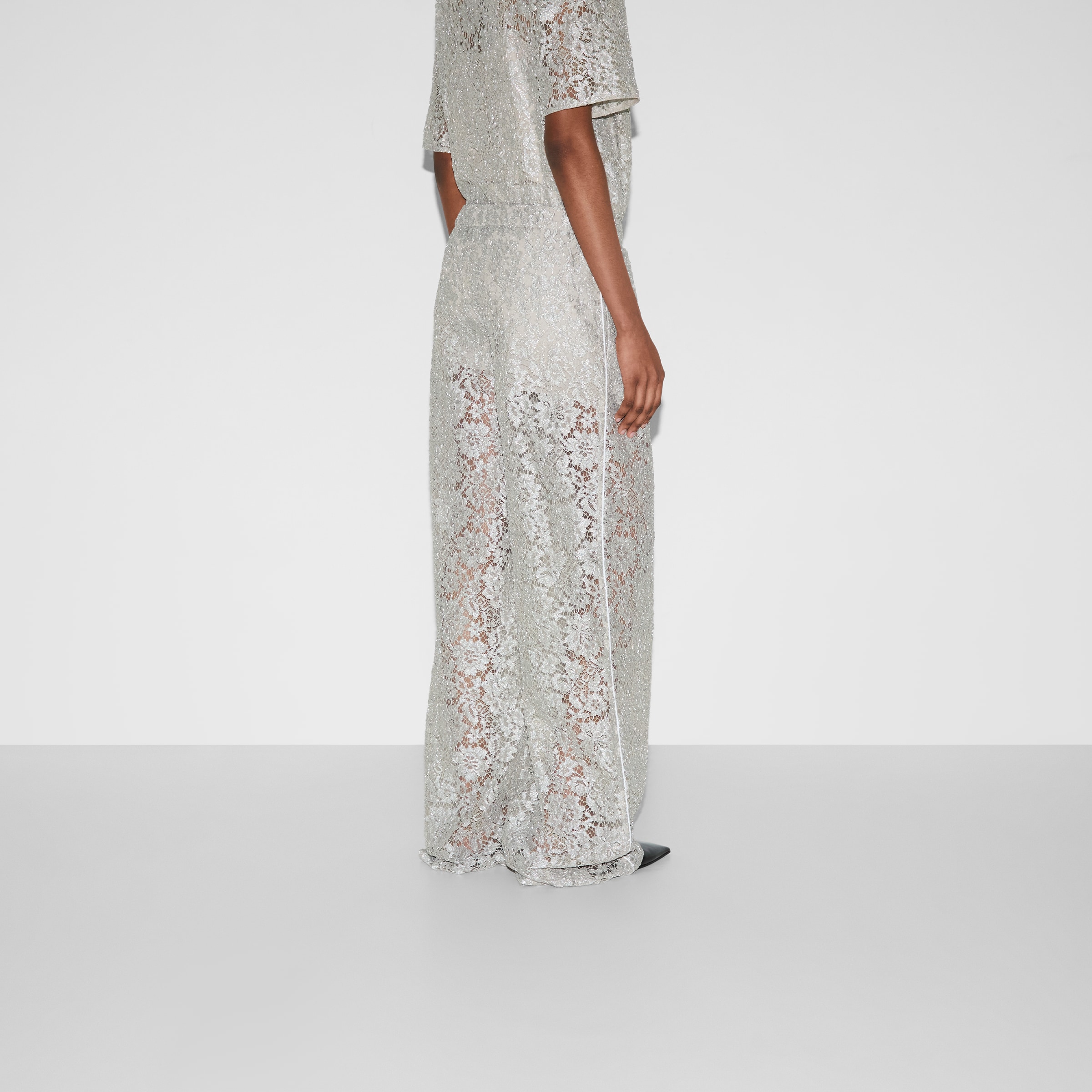 Floral lace lamé pants in grey | GUCCI® US