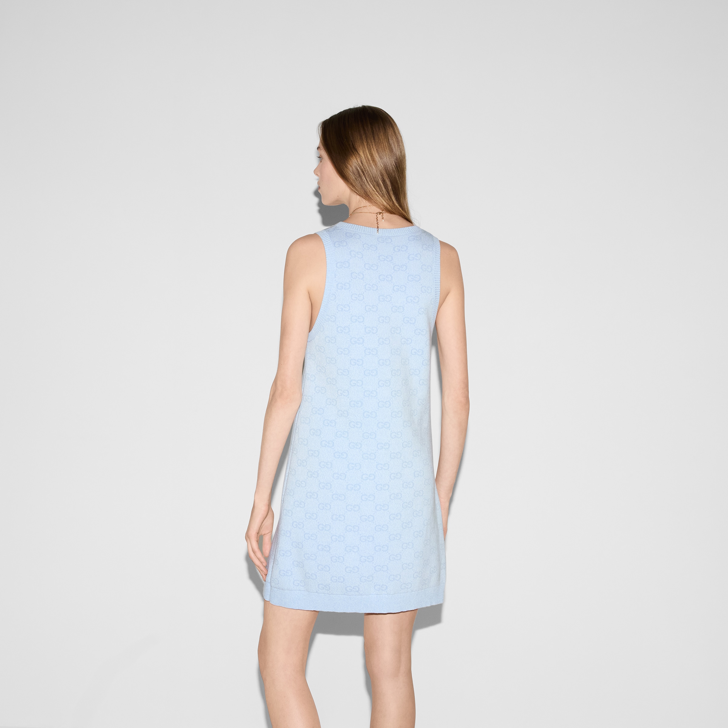 GG cotton jacquard mini dress in light blue and white