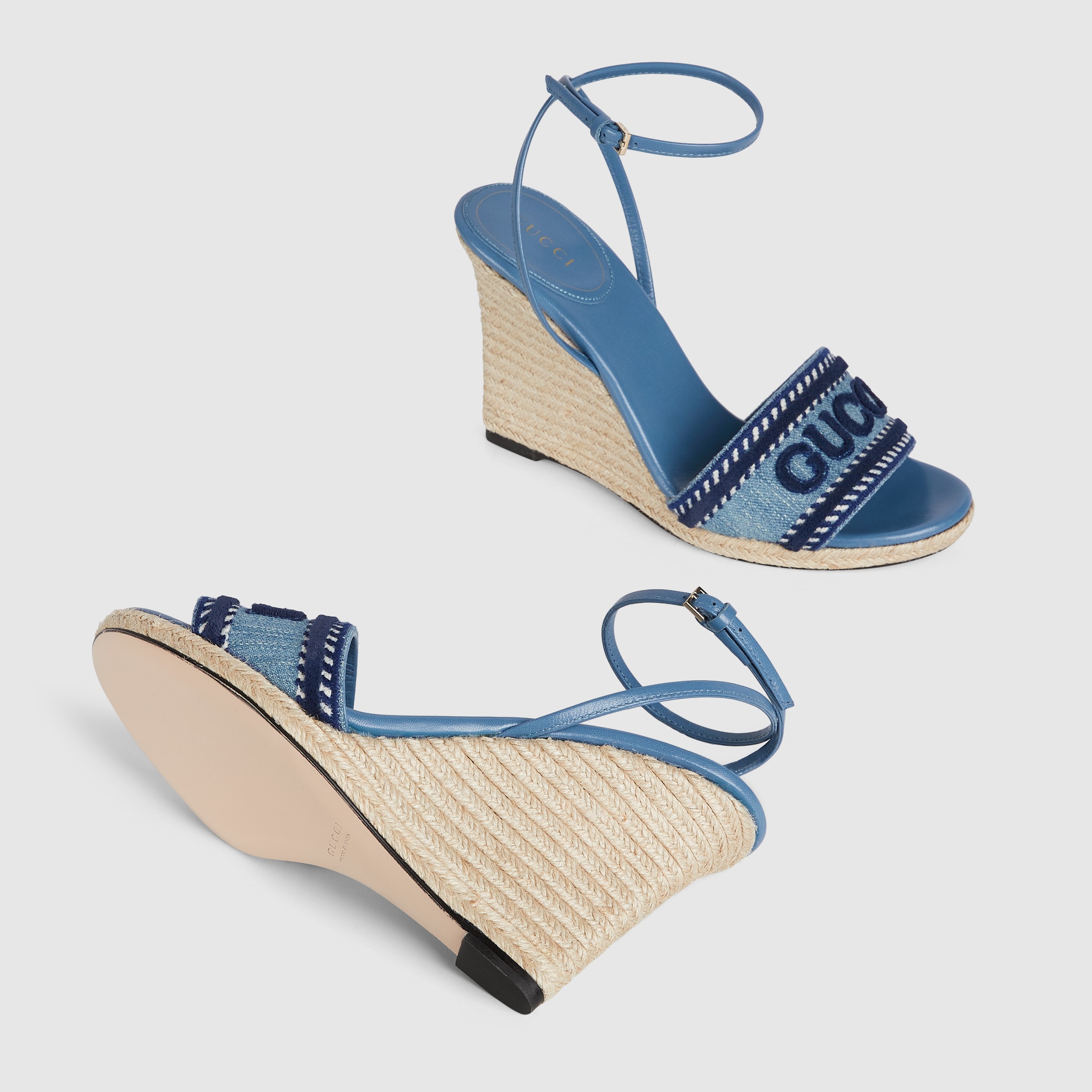 Gucci グッチ　厚底サンダル　ankle strap wedge Women's Horsebit flatform sandal in light blue denim | GUCCI® US