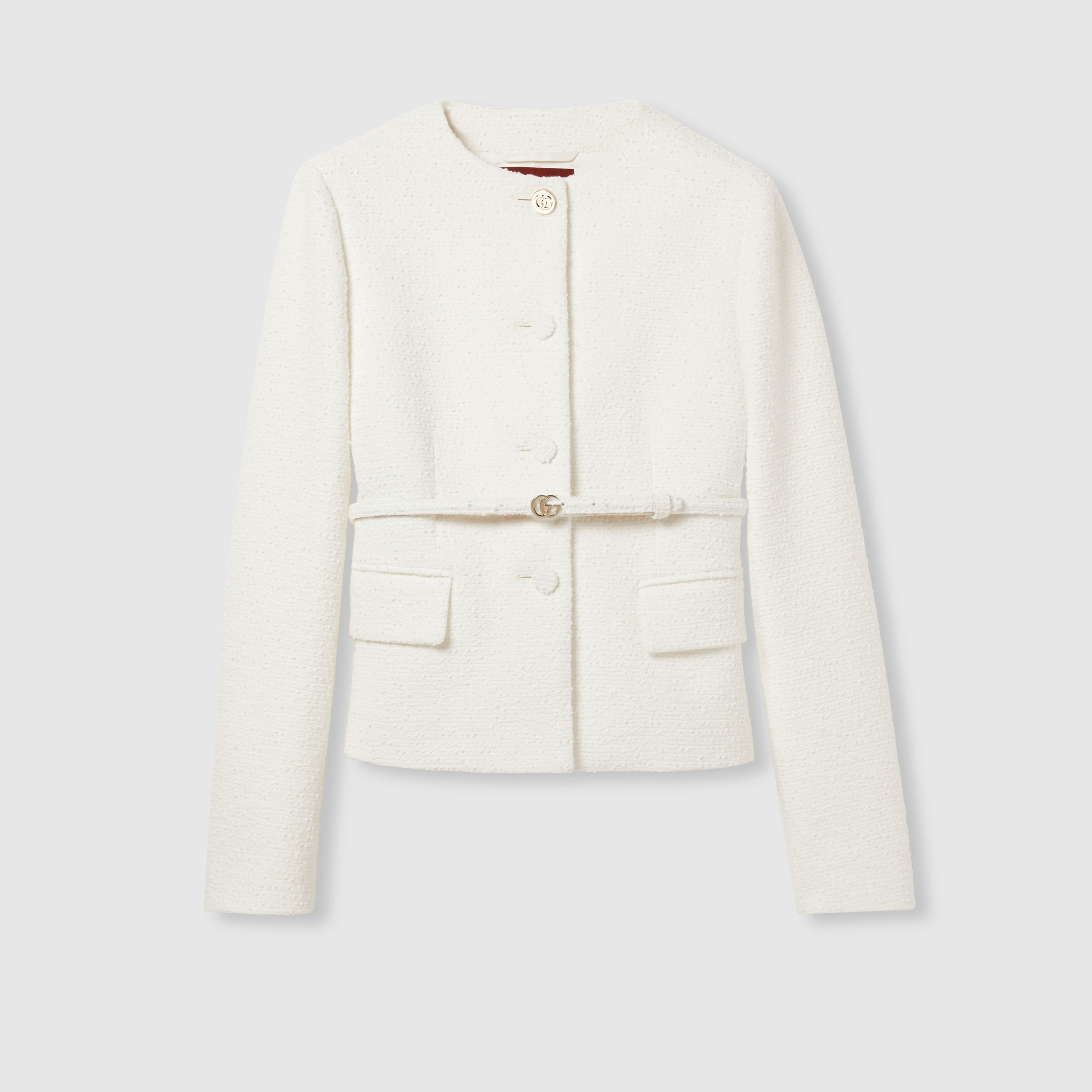 Cotton bouclé belted jacket in off white | GUCCI® US