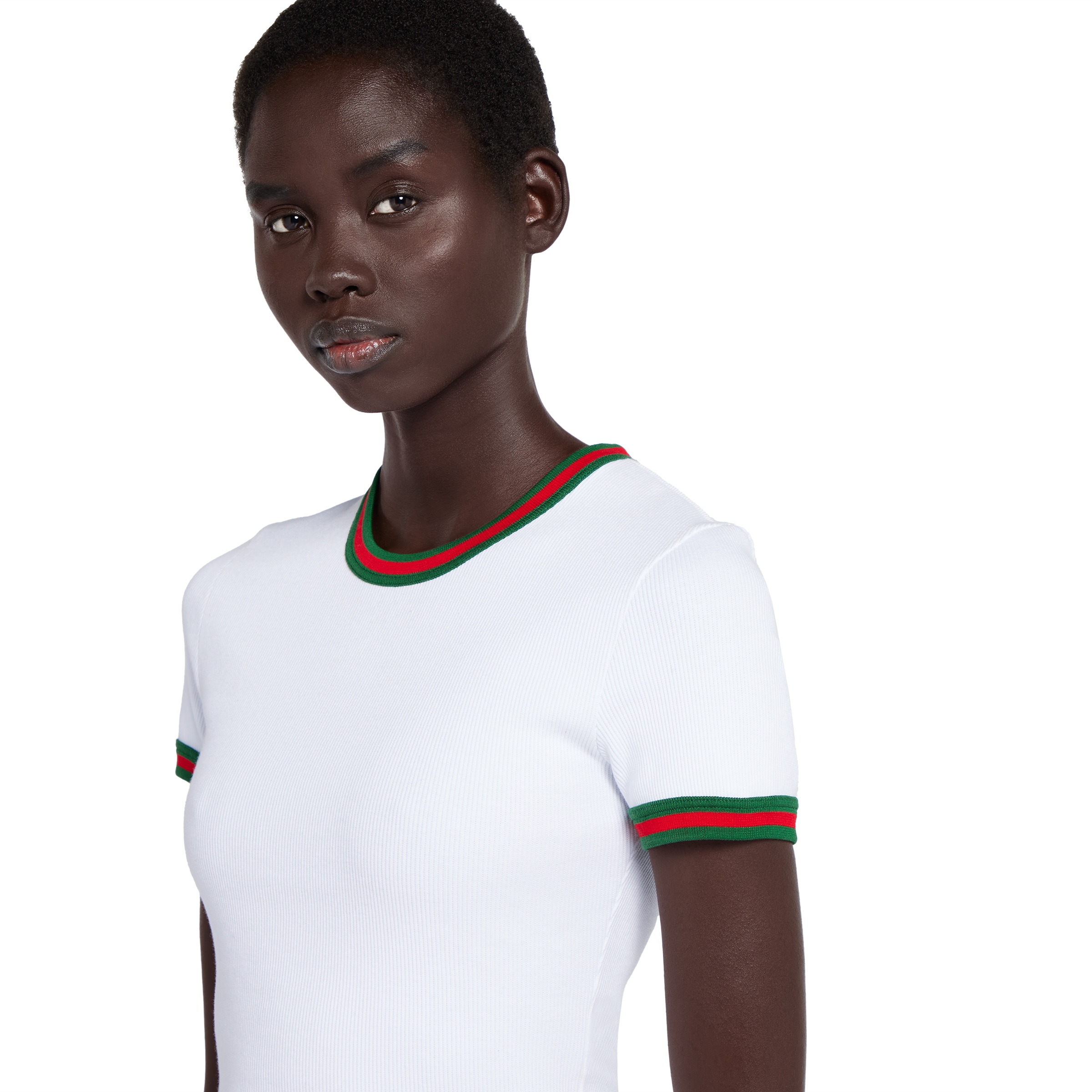 GUCCI★ウェブストライプトリムコットンリブTシャツ★税・送料込 ウェブ ストライプ トリム コットンリブ Tシャツ ・ホワイト