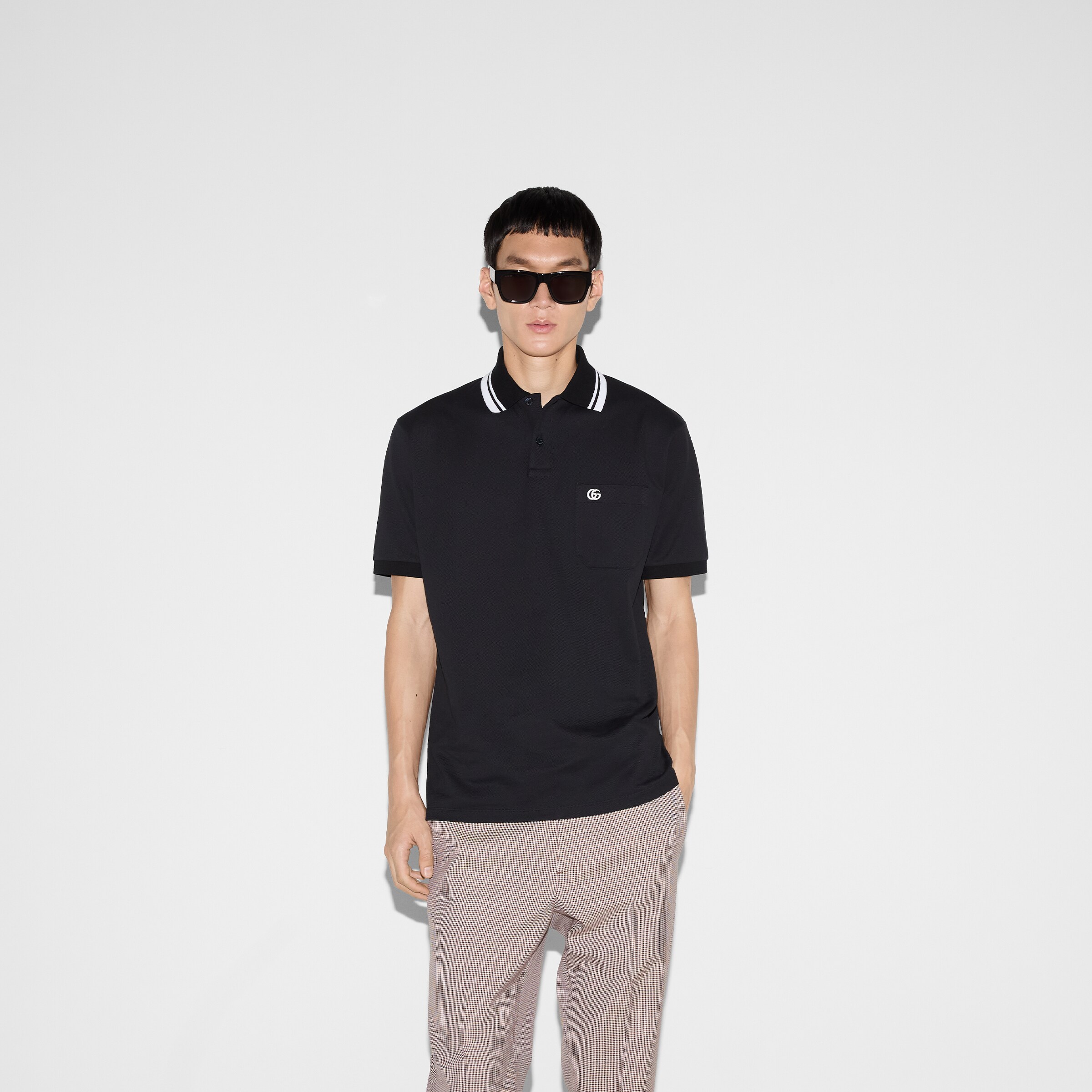 Cotton polo shirt with embroidery in navy | GUCCI® US