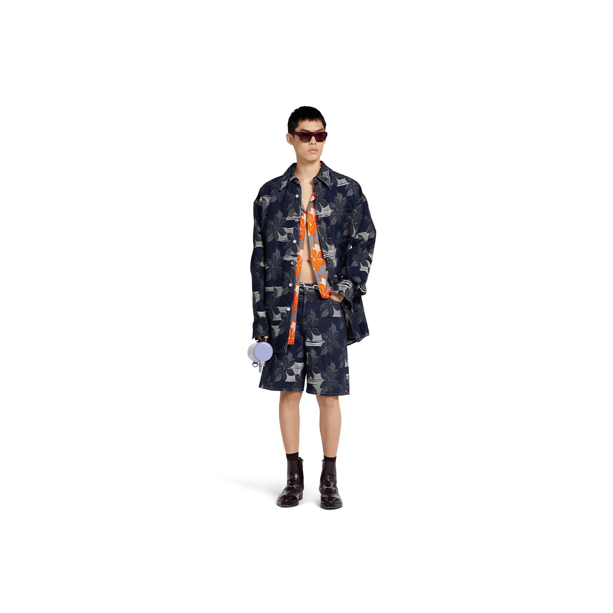 Printed cotton poplin shirt in grey and orange | GUCCI® US