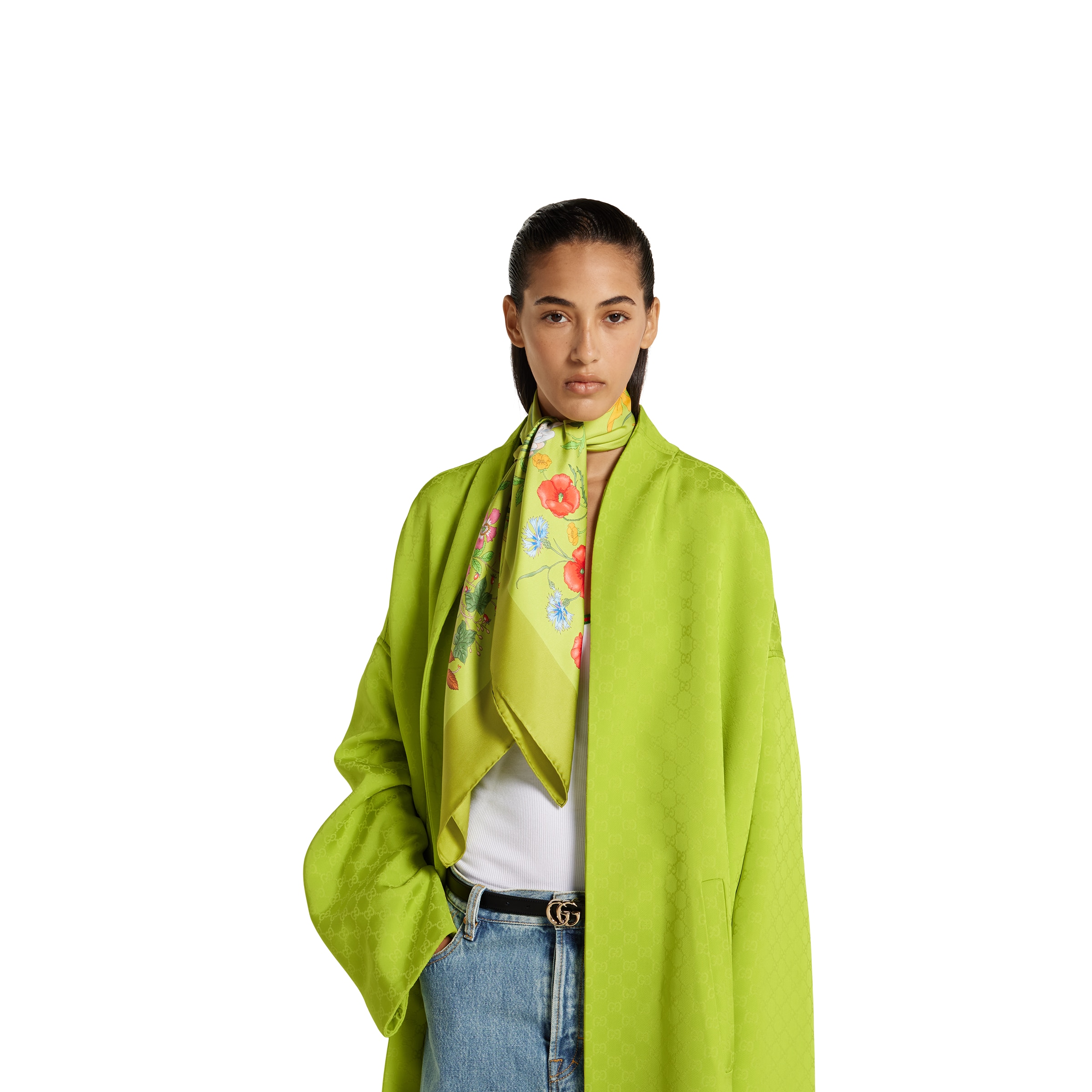Printed silk twill carré in acid green and multicolor