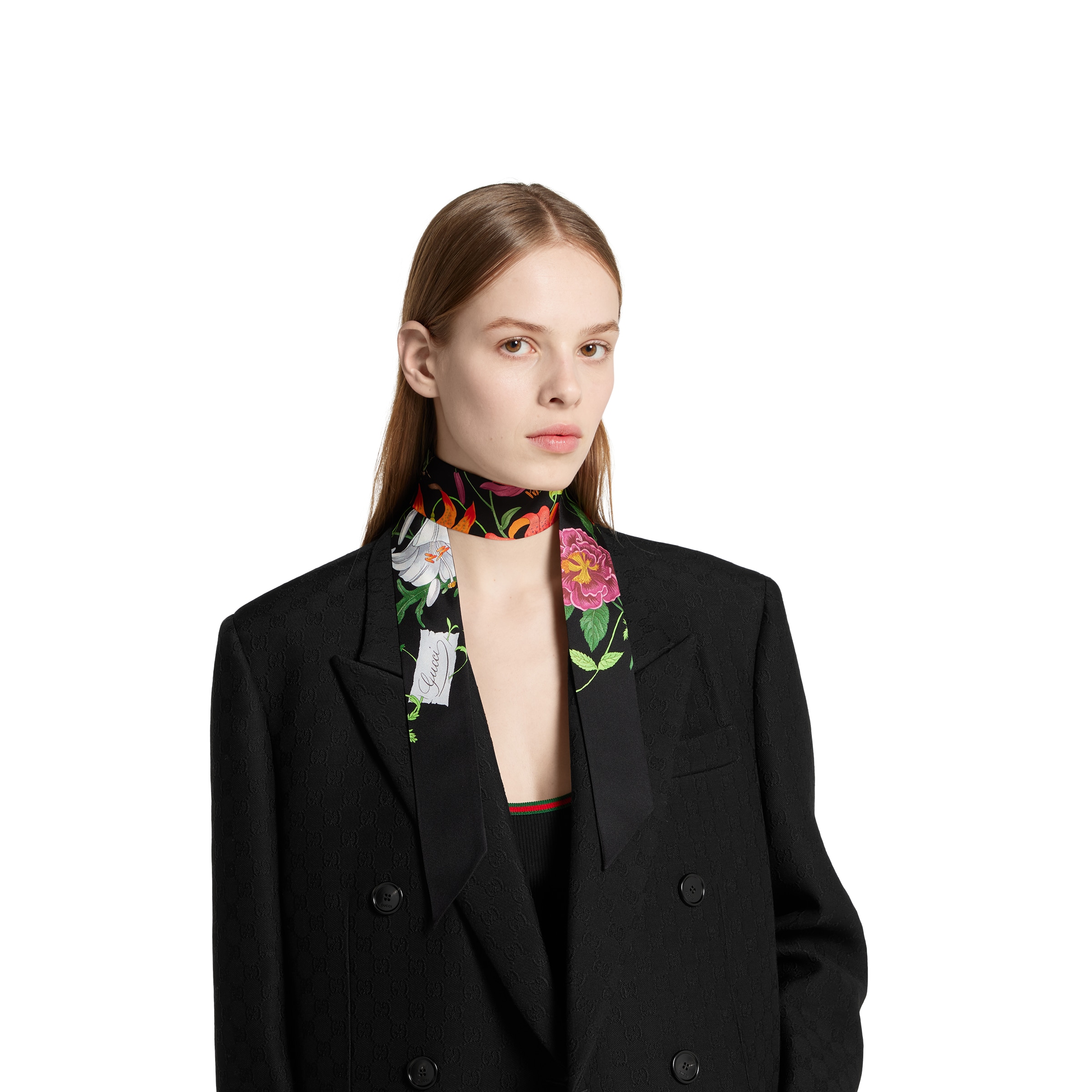スカーフ Gucci Animal And Floral Print Silk Neck Bow Printed silk neck bow in ivory | GUCCI® US