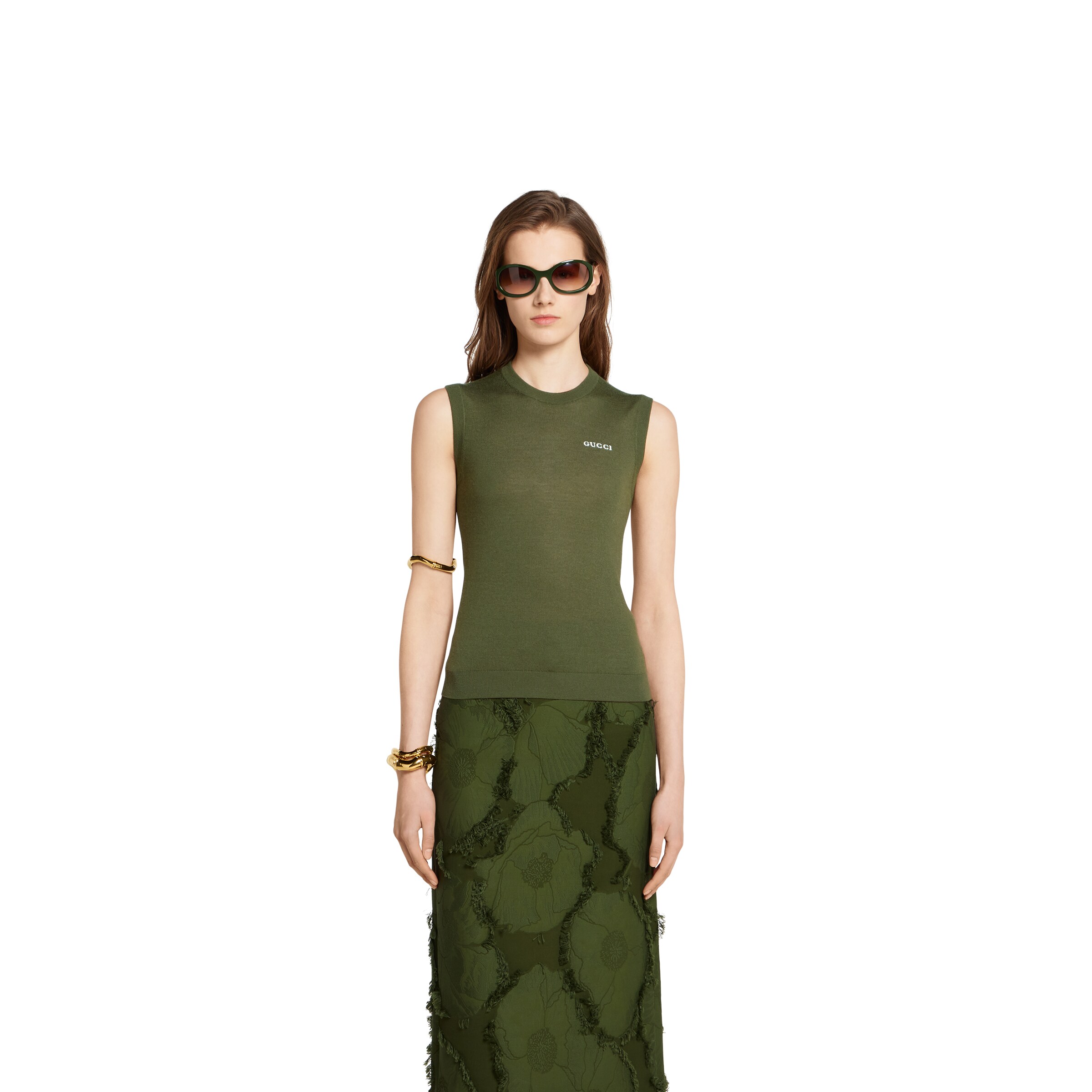 Cashmere silk sleeveless top in forest green | GUCCI® US