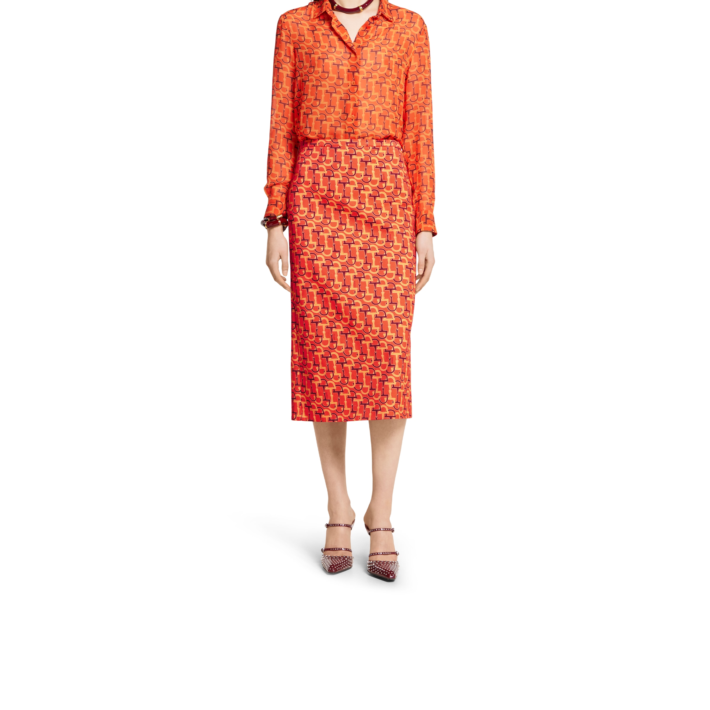 スカート GUCCI Women Mid Skirts 832799ZAS9N 7033 ORANGE Printed cotton mid-length skirt in orange and Rosso Ancora