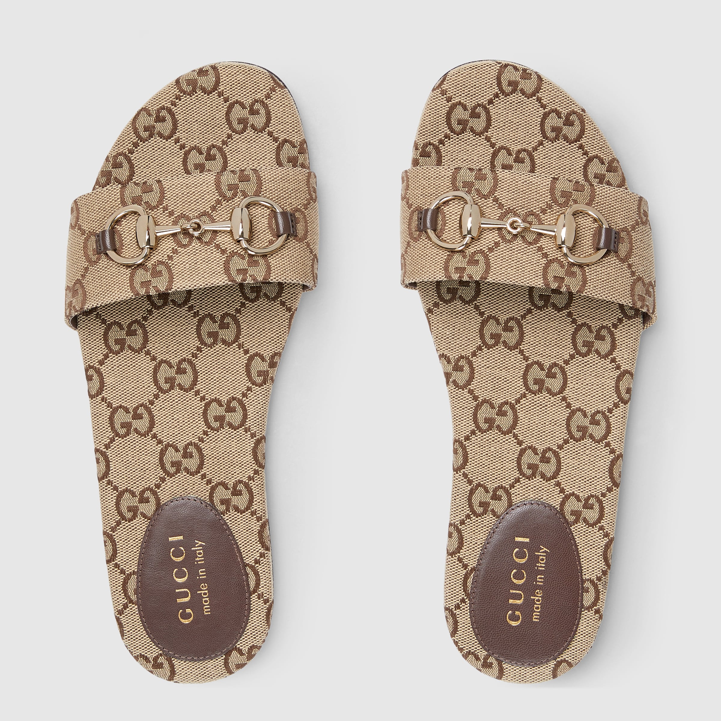Women's slide sandal with Horsebit in beige and dark brown