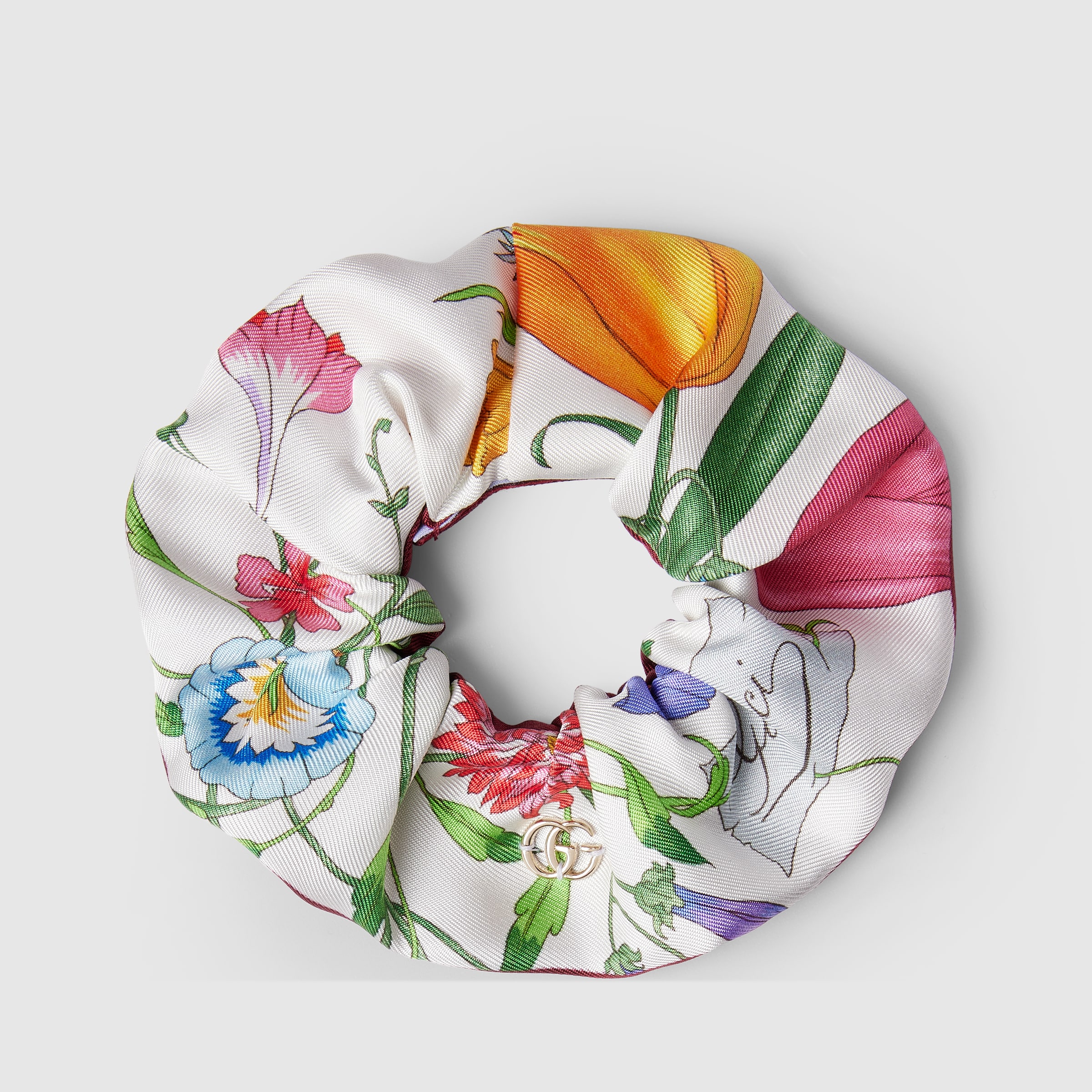 『3年保証』 Printed multicolour and white in scrunchie twill silk ヘアアクセサリー