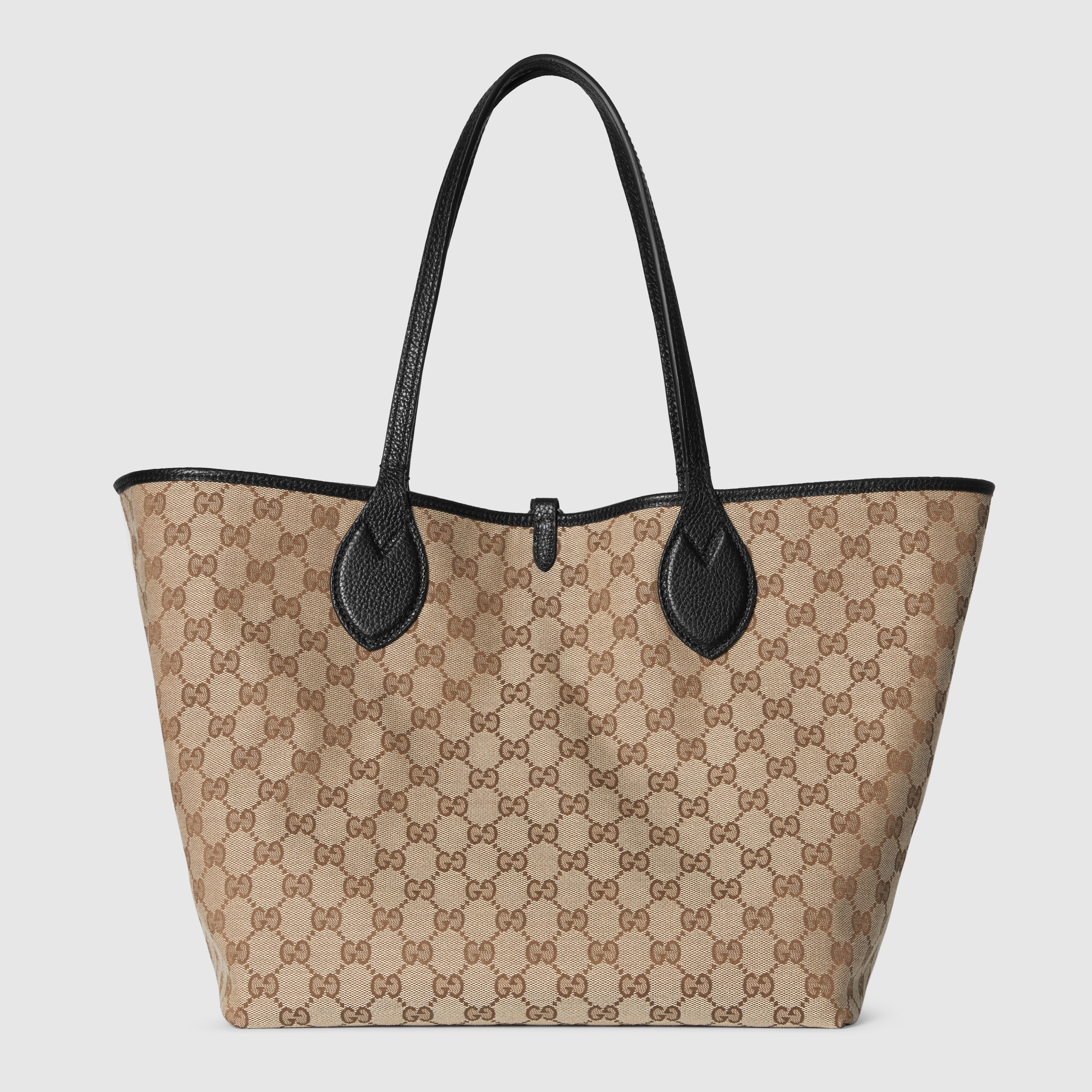 MEDIUM TOTISSIMA REVERSIBLE TOTE BAG 30 IN BLACK CALFSKIN BEIGE AND BROWN GG CANVAS ON SIDE