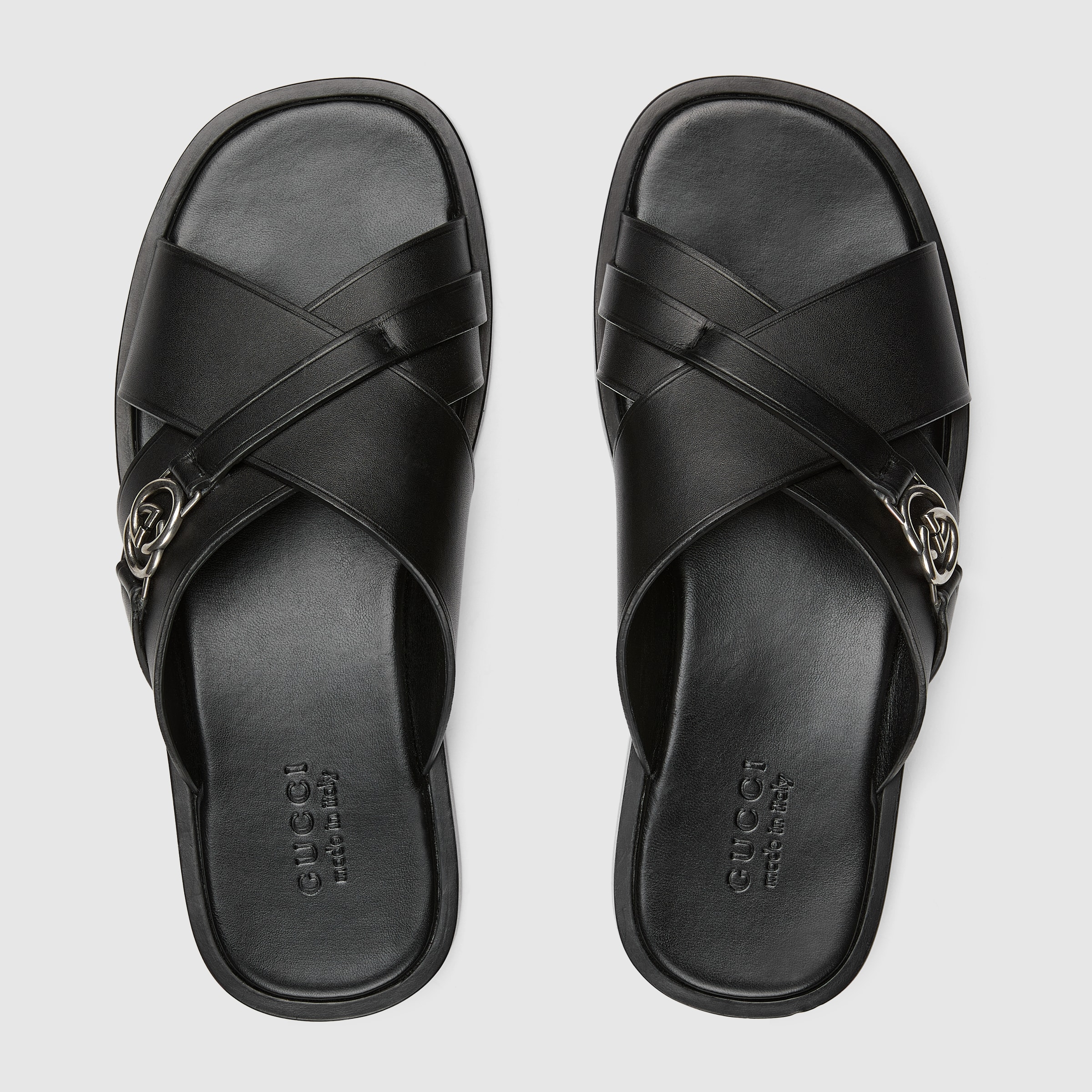 Men's slide sandal with Interlocking G in black leather | GUCCI® ZA