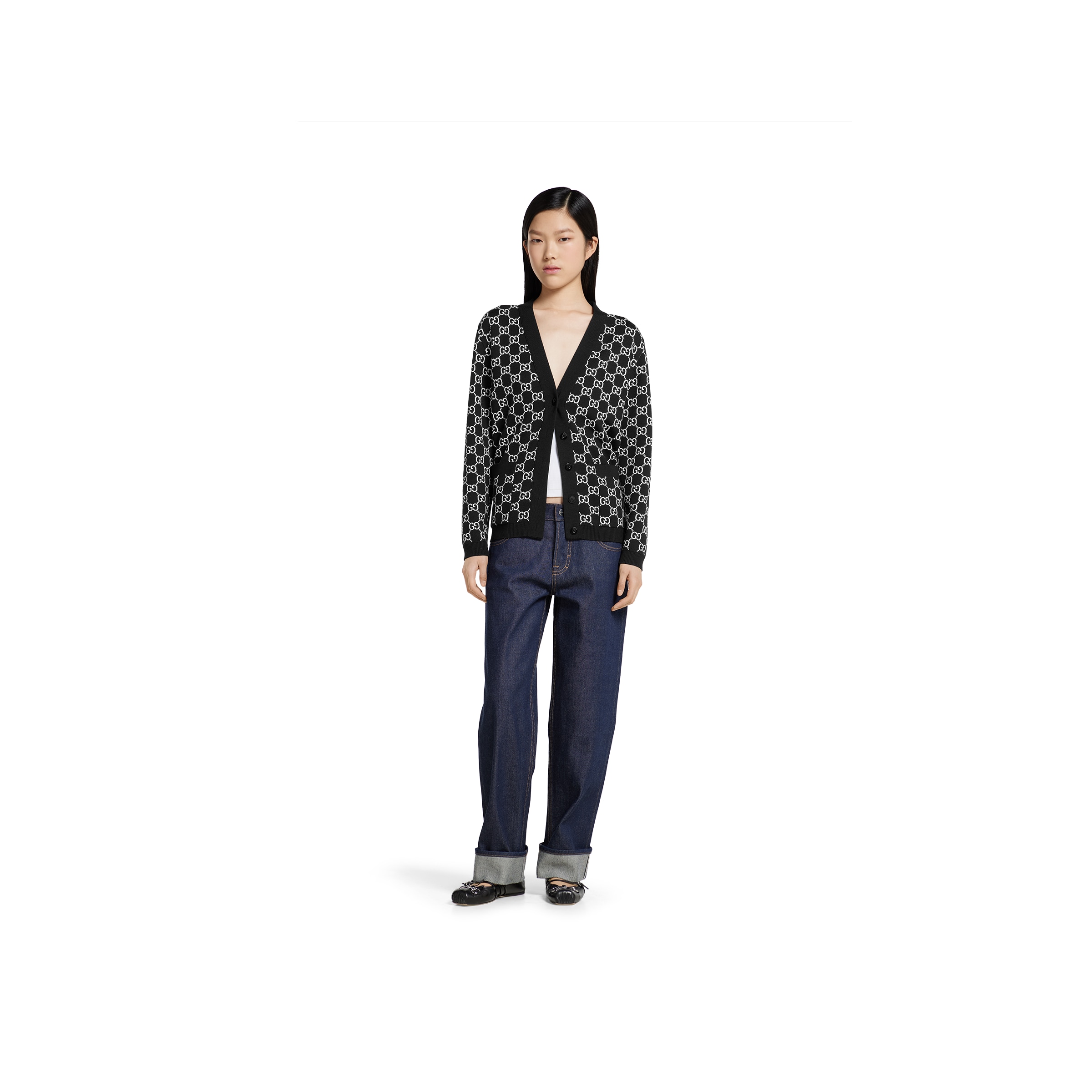 GUCCIジャケットホワイト/ブラック ボタン付きカーディガン グッチ GGコットンジャカード おすすめ | GUCCI公式