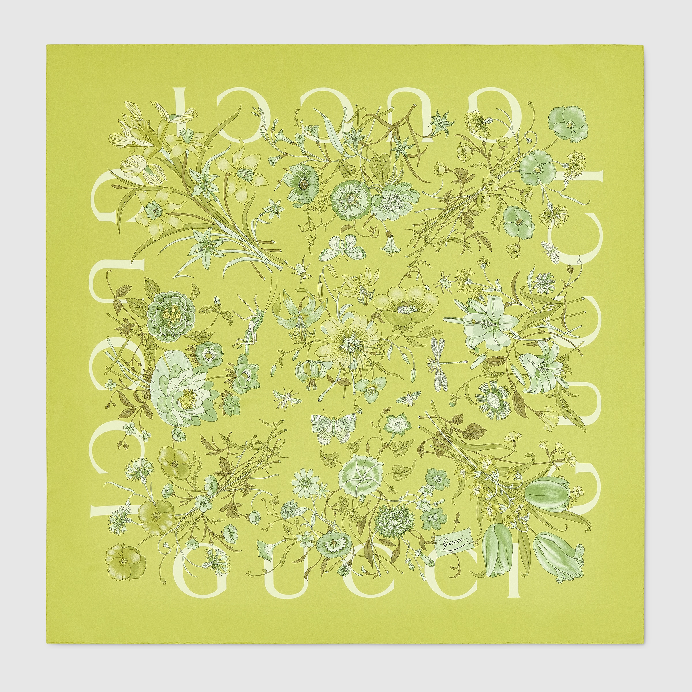 ボレロ・ショール GUCCI Silk twill scarf printed in green Gucci Floral silk scarf Gucci